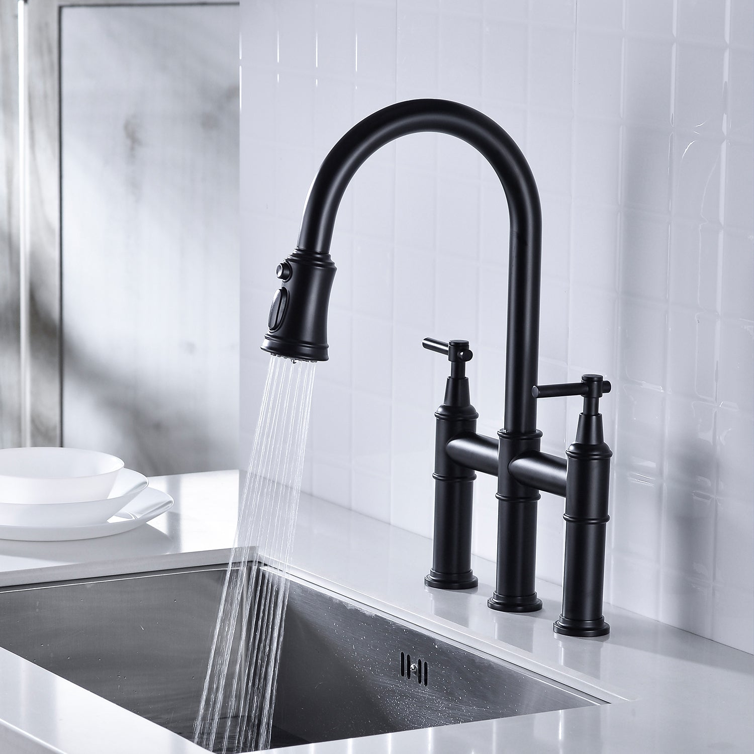 HAOYYE Bridge Kitchen Faucet with Pull-Down Sprayhead in Spot Sturdy Space-Saving Heavy Duty Modern Design Adults Dorm Room Easy Assembly Bedroom Furniture