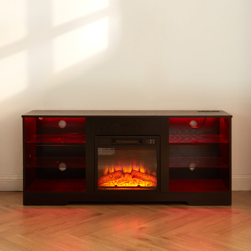 HAOYYE Modern TV Stand With Electric Fireplace, Glass Shelves, 3D Wood Design, LED Lights, And USB Charging Outlet – Entertainment Console Table For TVs From 32 To 62 Inch, Sturdy, Space-Saving Heavy Duty Media Center In Black