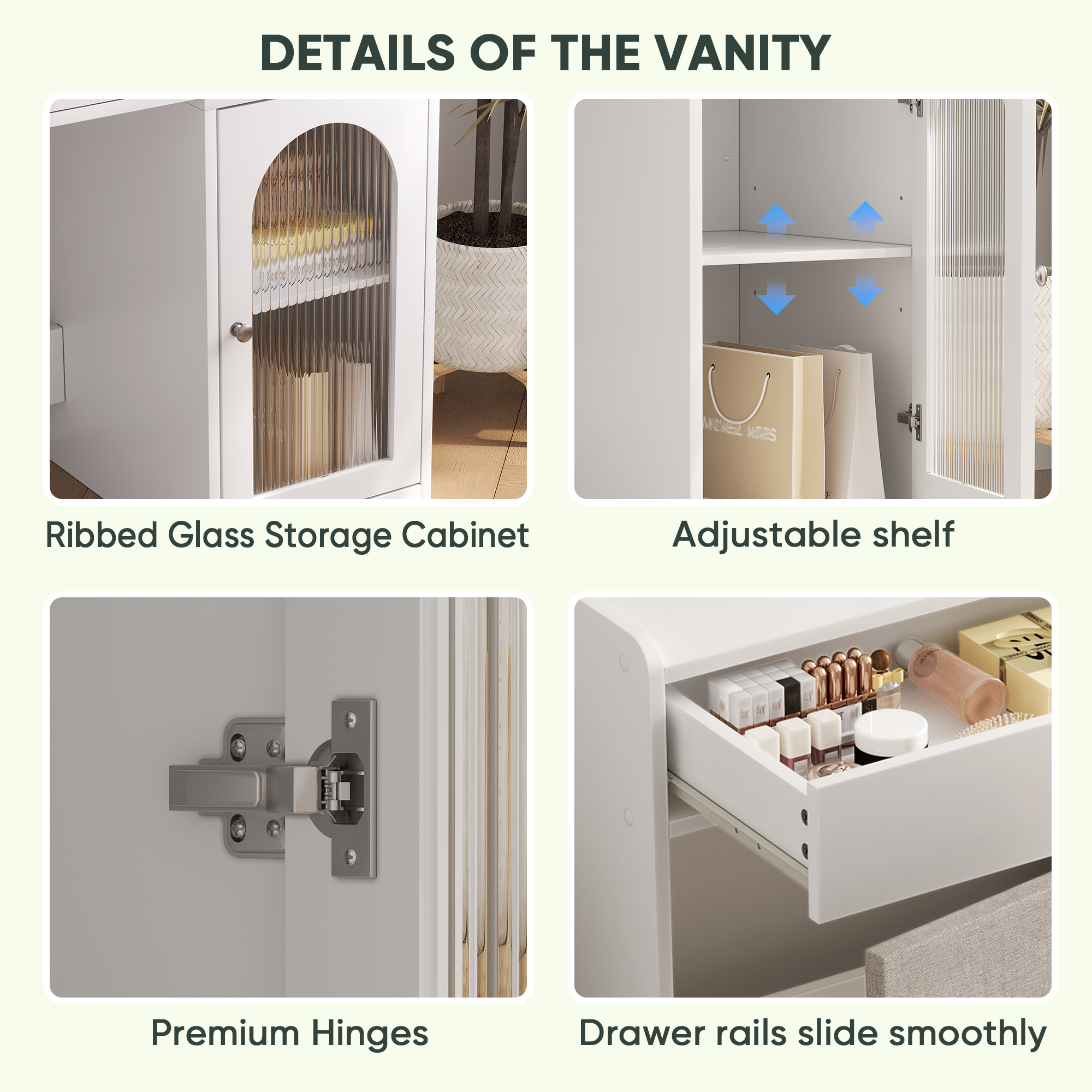 HAOYYE White Vanity Desk with 360° Rotated Mirror and Adjustable Lights, Girls Makeup Vanity Table with Storage Drawer, Side Cabinet with Waveform Glass Doors, Stylish Dressing Table with Chair for Bedroom, Elegant Storage Solution for Beauty Essentials.