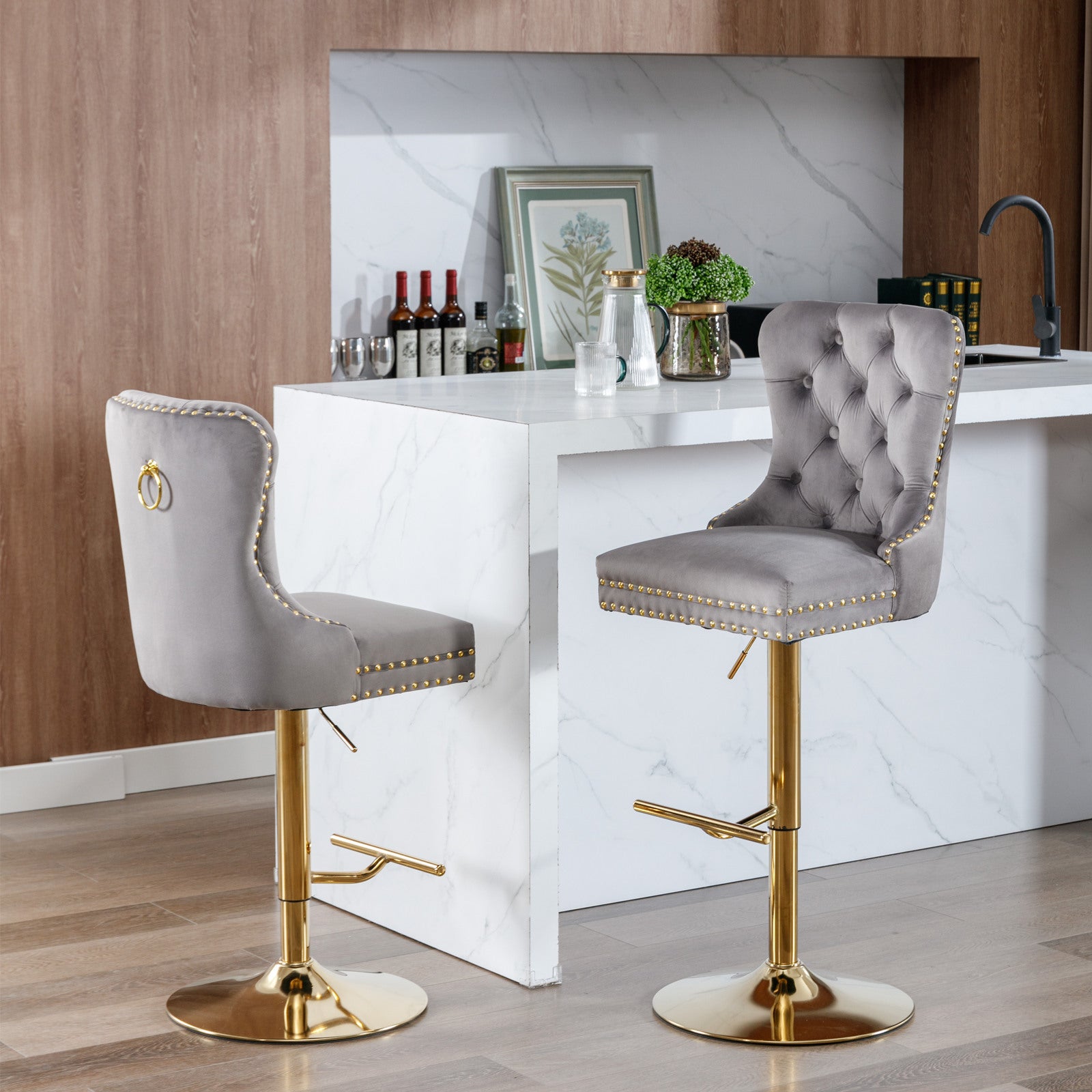 HAOYYE Thick Golden Swivel Velvet Barstools Adjusatble Seat Height from 25-33 Inch, Modern Upholstered Bar Stools with Backs Comfortable Tufted for Home Pub and Kitchen Island (Gray,Set of 2)
