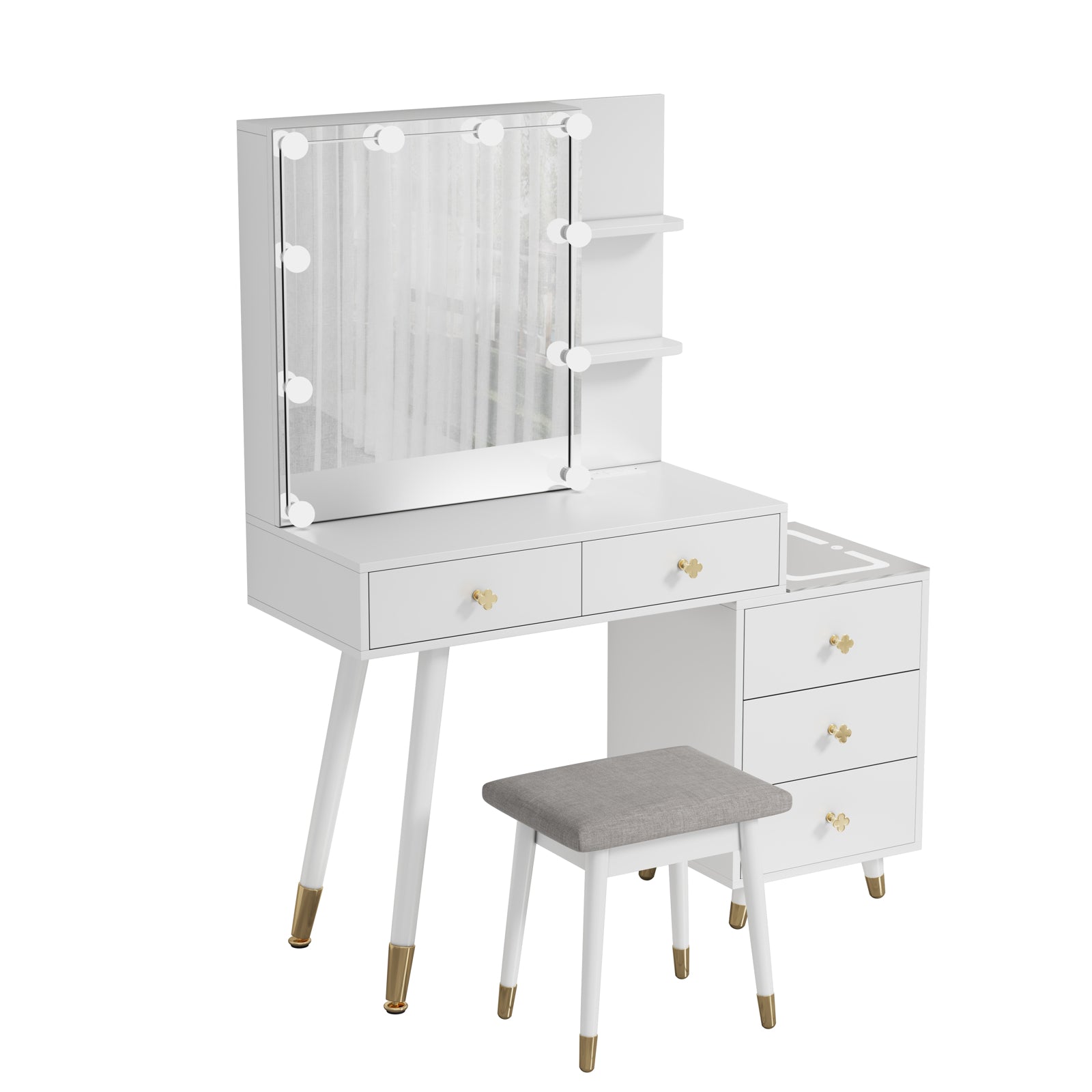 HAOYYE Vanity Table with LED Three-Tone Mirror, 5 Drawers, 2-Layer Shelf, Mirror Cabinet, Pitted Particle Board with Triamine Coating, Solid Wood Legs with Copper Sheath, Makeup Table for Bedroom, Dressing Room, or Bathroom