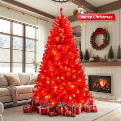 HAOYYE Red Artificial Christmas Tree with 1100 Branch Tips, 400 LED Lights, Pre-Lit Hinged Xmas Pine Tree with Remote Control for Holiday Home Office Party Decorations, Easy Setup, Durable Flame-Retardant PVC, Festive Centerpiece