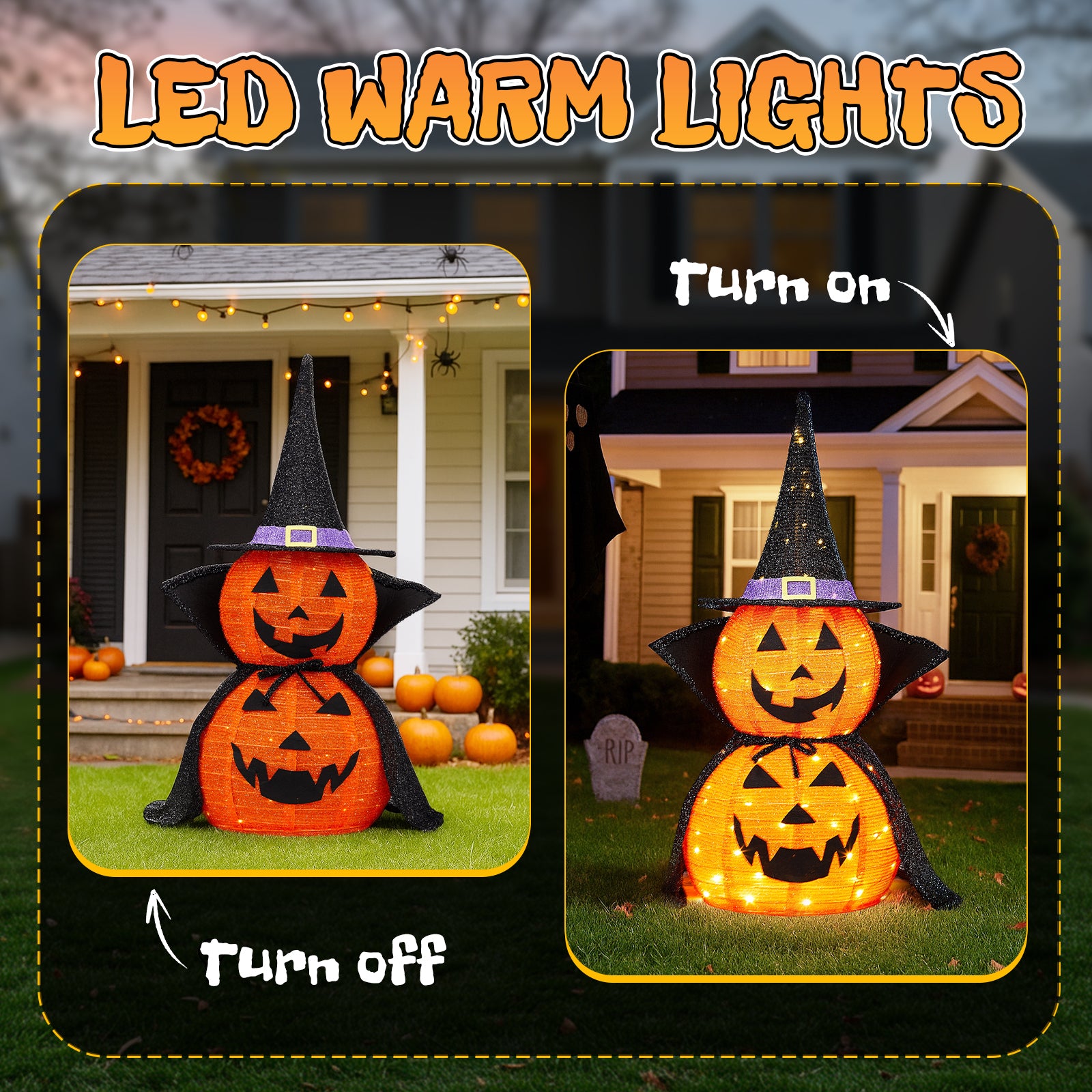 HAOYYE Black Halloween Pumpkin Decorations 2-Pack Collapsible Lighted Jack-O-Lanterns with 176 Warm LED Lights, Metal Frame Pop-Up Pumpkin Lamps with Wizard Capes for Indoor Outdoor Garden Patio Party Decor