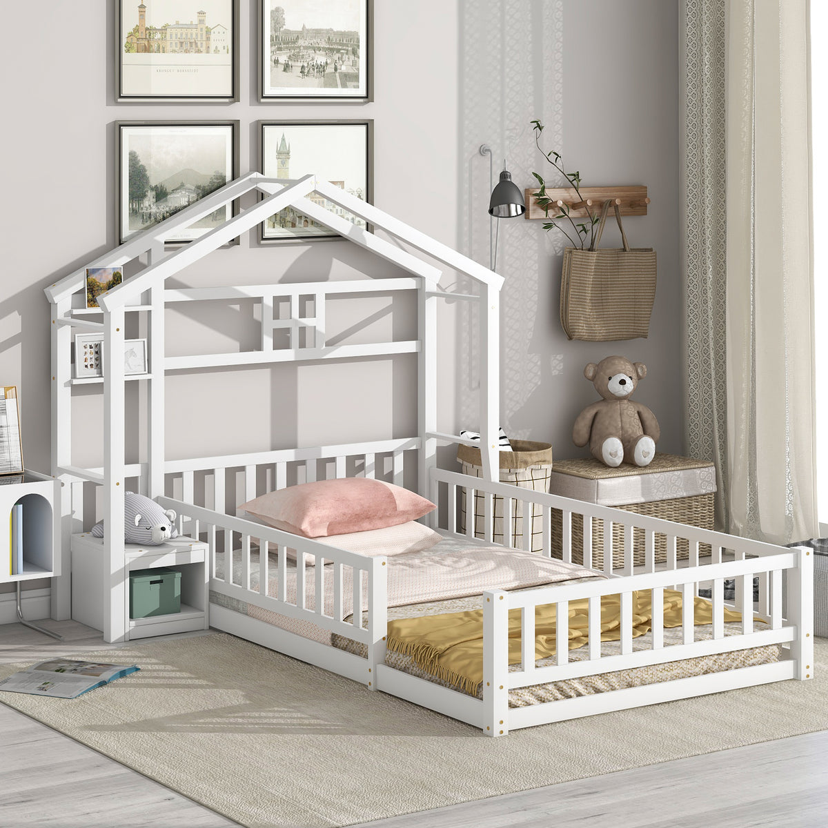 HAOYYE Twin Size House Shape Headboard Floor Bed with Guardrails, Slats Support, Nightstand ,White Sturdy Space-Saving Heavy Duty Modern Design Adults Dorm Room Easy Assembly Bedroom Furniture
