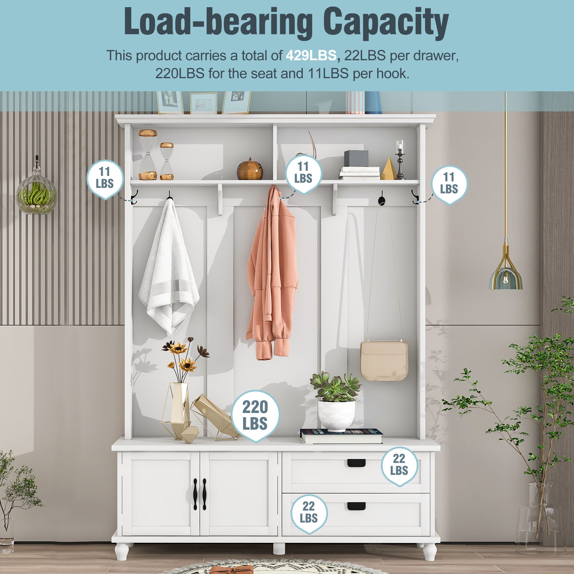 HAOYYE Modern White Hall Tree with Storage Cabinet, 2 Large Drawers, and 5 Coat Hooks, Sturdy Space-Saving Mudroom Bench, Heavy Duty Design for Adults