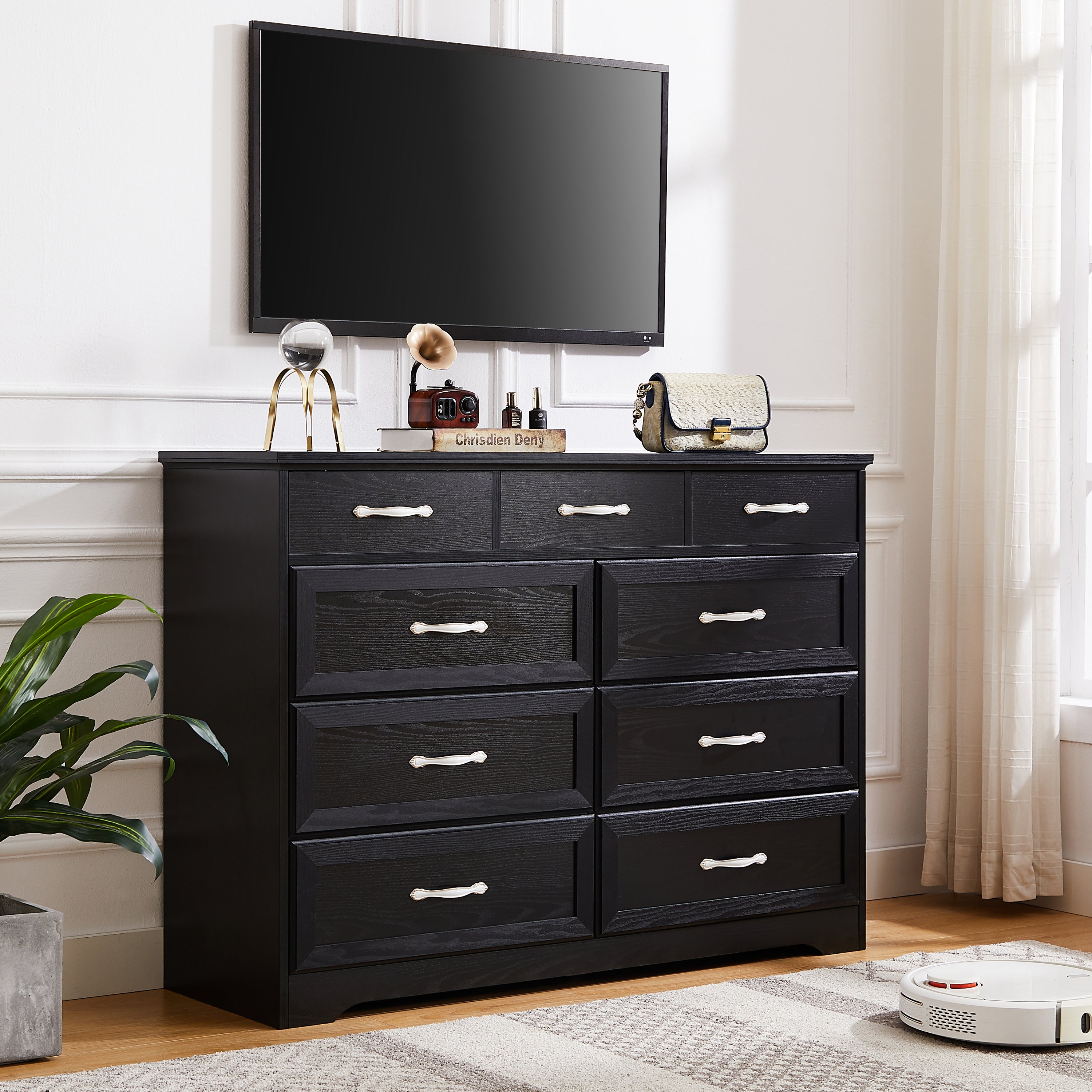 HAOYYE 9-Drawer Bedroom Dresser With Antique Handles, Wood Chest Of Drawers For Living Room, Entryway, Or Hallway, Black, Sturdy Space-Saving Heavy Duty Design