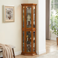 HAOYYE Corner Curio Cabinet with Lights, Adjustable Tempered Glass Shelves, Mirrored Back, Display Cabinet,Oak (E26 light bulb not included) Sturdy Space-Saving Heavy Duty Modern Design Adults Dorm Room