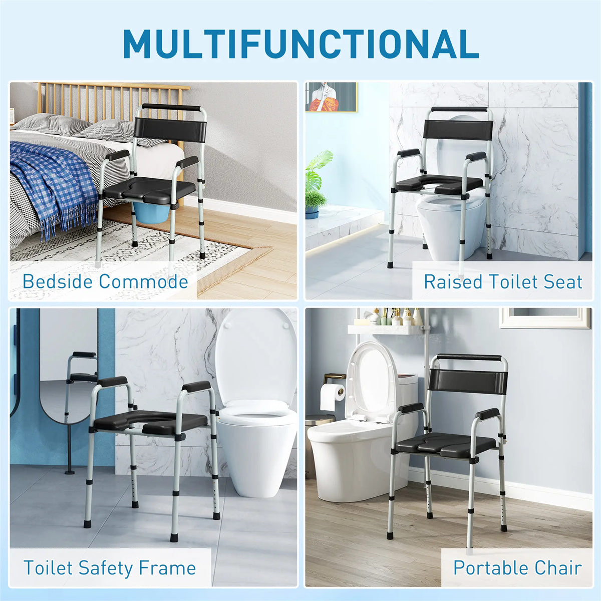 HAOYYE Black Multi-Functional Portable Toilet Chair With Adjustable Height, Lightweight Foldable Commode Chair for Bathroom, Shower, and Elderly Assistance, Durable Steel Frame and Comfortable Padded Seat for Easy Mobility and Hygiene