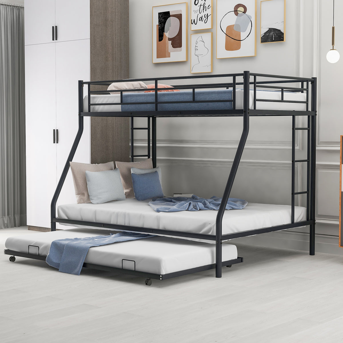 HAOYYE Twin over Full Bed with Sturdy Steel Frame, Bunk Bed with Twin Size Trundle, Two-Side Ladders, Black Space-Saving Heavy Duty Modern Design Easy Assembly Durable Stylish Versatile