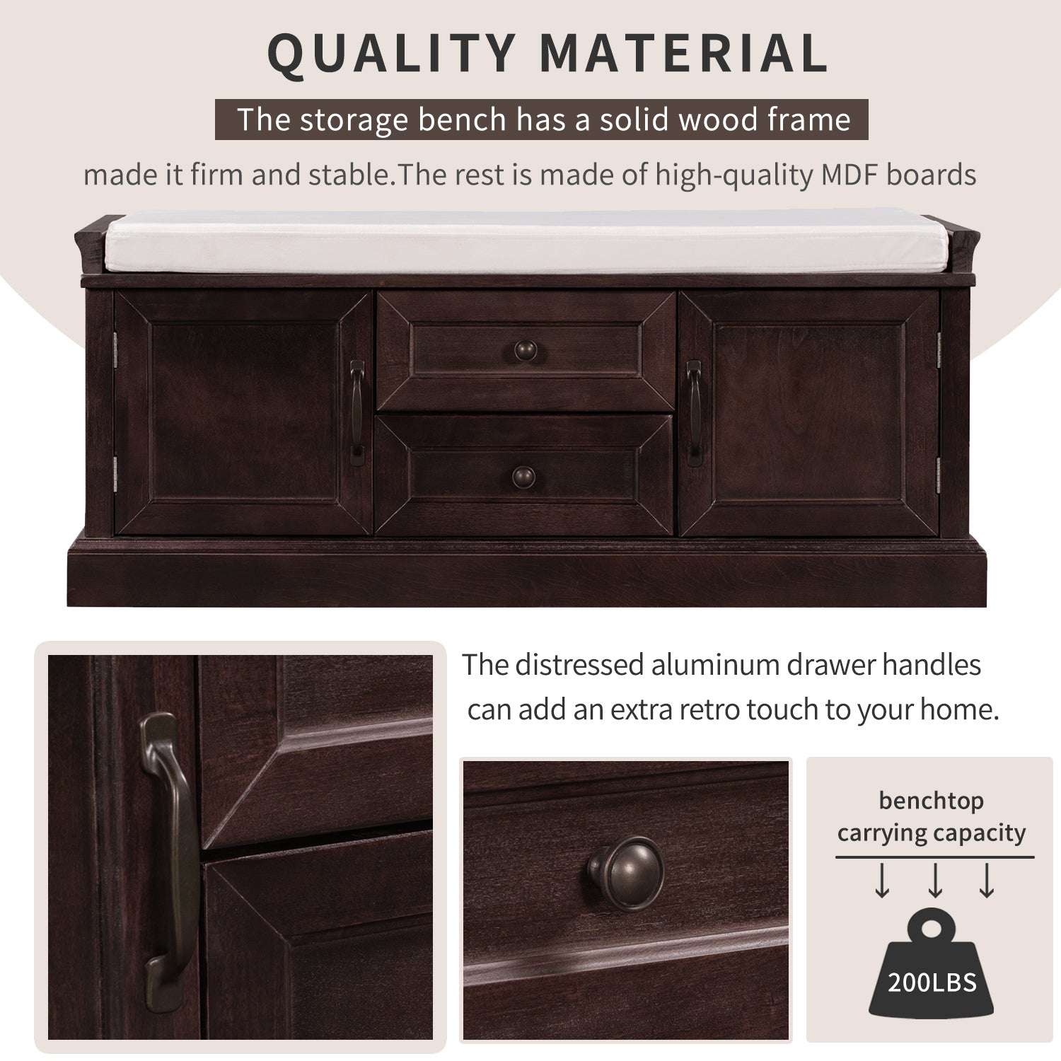 HAOYYE Storage Bench with 2 Drawers and Cabinets, Shoe Bench with Removable Cushion for Living Room, Entryway, Sturdy Space-Saving Heavy Duty Construction, Espresso Finish, Modern Design for Adults and Dorm Rooms