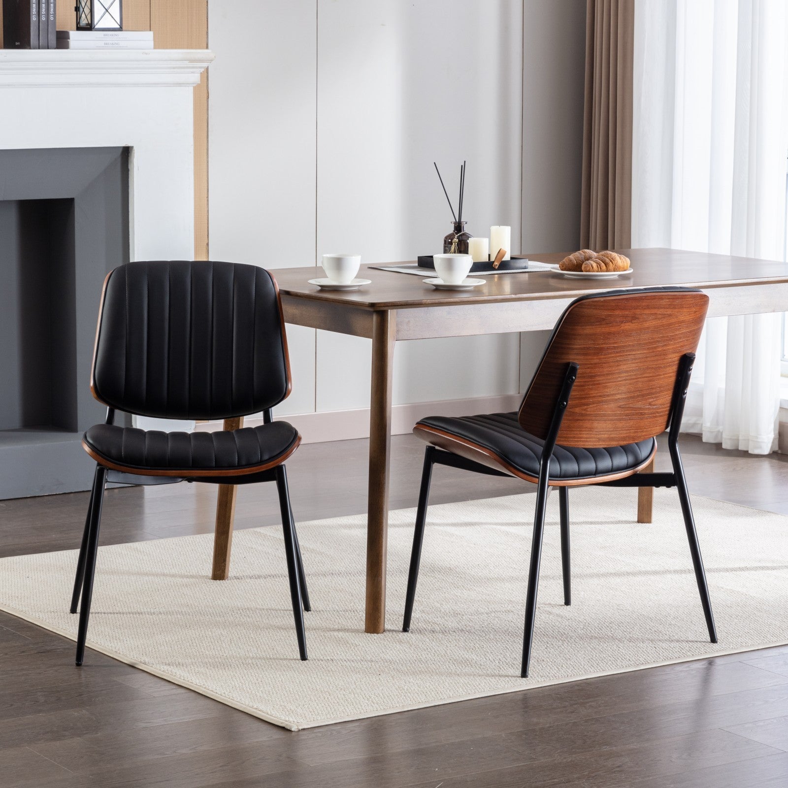 HAOYYE Dining Chairs Set of 2 Mid Century Modern Retro Faux Leather Chair with Walnut Bentwood Back Upholstered Seat Metal Legs Adjustable Foot for Kitchen Dining Room Chairs(Black PU) Sturdy