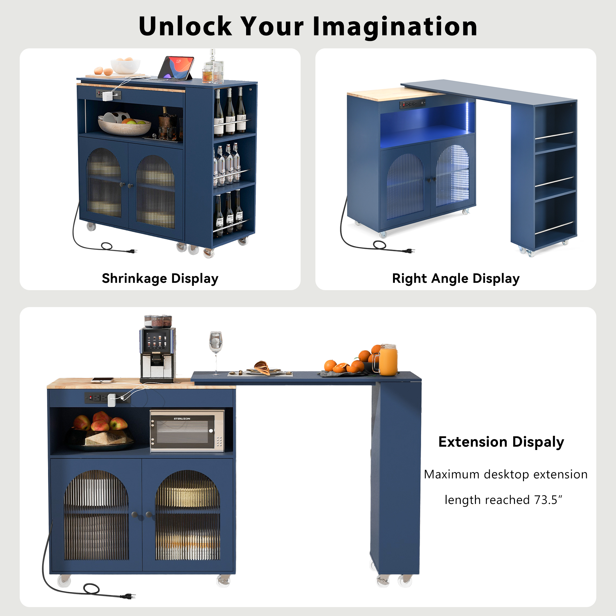 HAOYYE Navy Rolling Kitchen Island With Extended Table, LED Lights, Power Outlets, Fluted Glass Doors, Storage Compartment, and Open Shelves, Sturdy Space-Saving Design, Easy Assembly