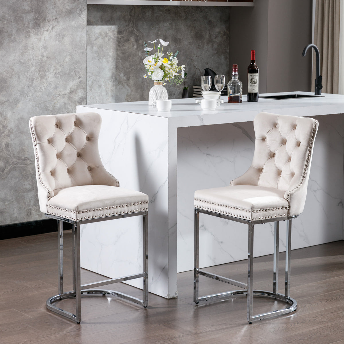HAOYYE 26" Counter Height Bar Stools Set of 2, Modern Velvet Barstools with Button Back&Rivet Trim Upholstered Kitchen Island Chairs with Sturdy Chromed Metal Base Legs Farmhouse Bar Stools, (Beige,2 Pack)