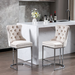 HAOYYE 26" Counter Height Bar Stools Set of 2, Modern Velvet Barstools with Button Back&Rivet Trim Upholstered Kitchen Island Chairs with Sturdy Chromed Metal Base Legs Farmhouse Bar Stools, (Beige,2 Pack)