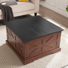 HAOYYE Farmhouse Coffee Table With Hidden Storage, Square Wood Cocktail Table With Hinged Lift Top, Rustic Barn Style Center Table For Living Room, Oak Finish