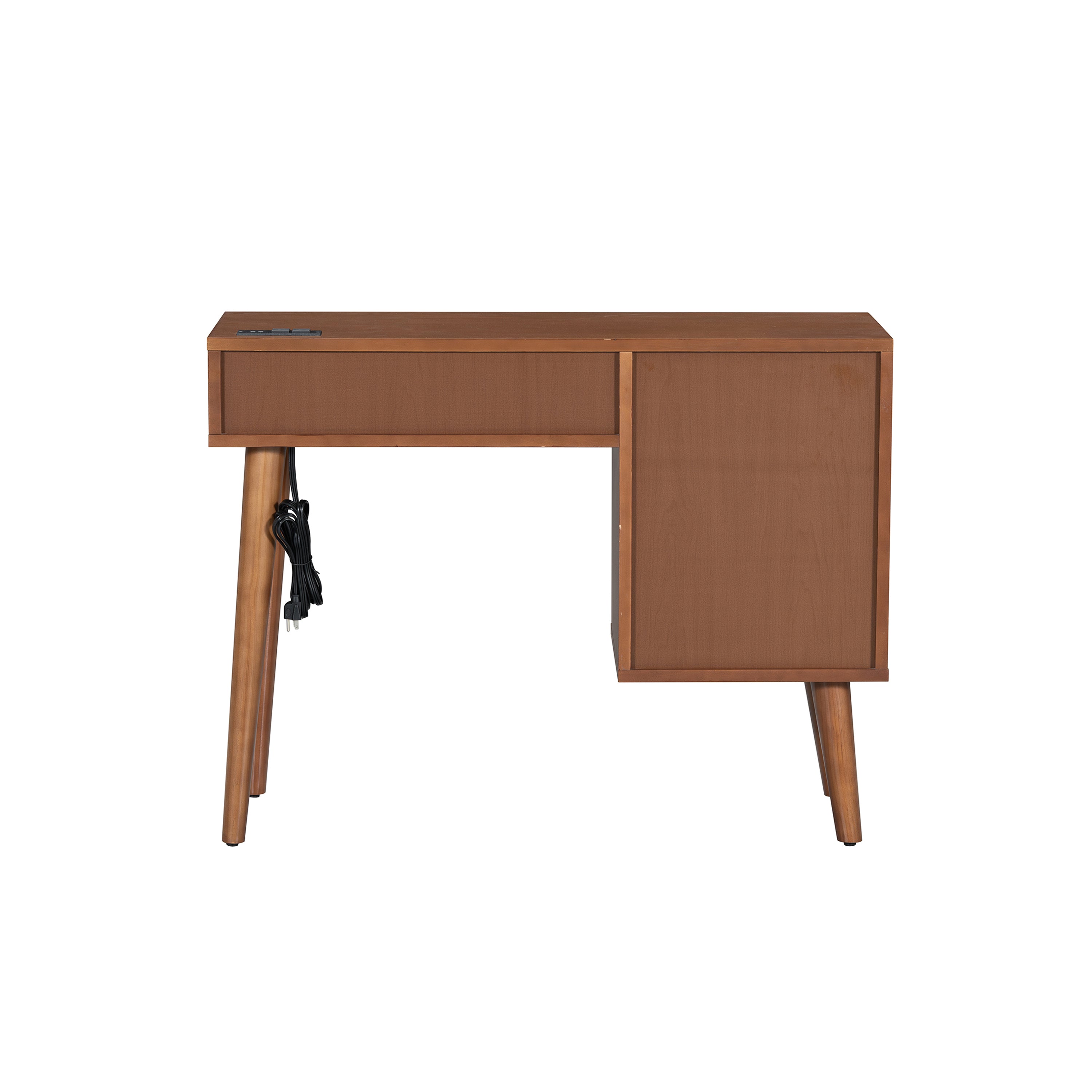 HAOYYE 39" Retro Bohemian Style Wooden Makeup Vanity Set with Charging Plug&USB Port and Stool, Dressing Table with 3 Storage Drawers and 1 Rectangular Rattan Drawer, Walnut