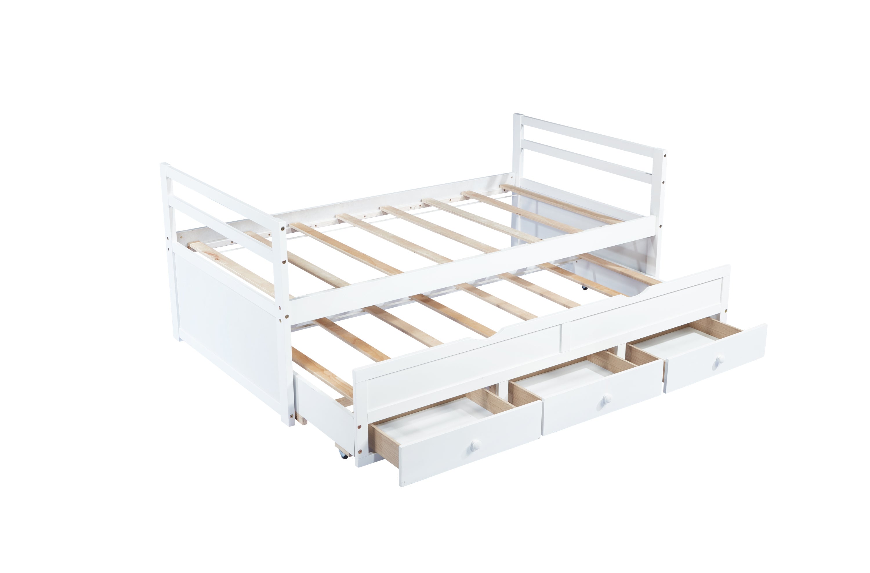 HAOYYE Twin Bed with Headboard, Footboard, Trundle and Storage Drawers, Pine Wood Twin Size Bed, White, Sturdy Space-Saving Heavy Duty Construction, Ideal for Adults and Dorm Rooms