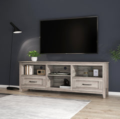 HAOYYE TV Stand for Living Room and Bedroom, with Two Drawers and Four Storage Compartments, Grey Walnut, Sturdy Space-Saving Design, Heavy Duty Construction, Easy Assembly, Durable and Stylish Home Furniture