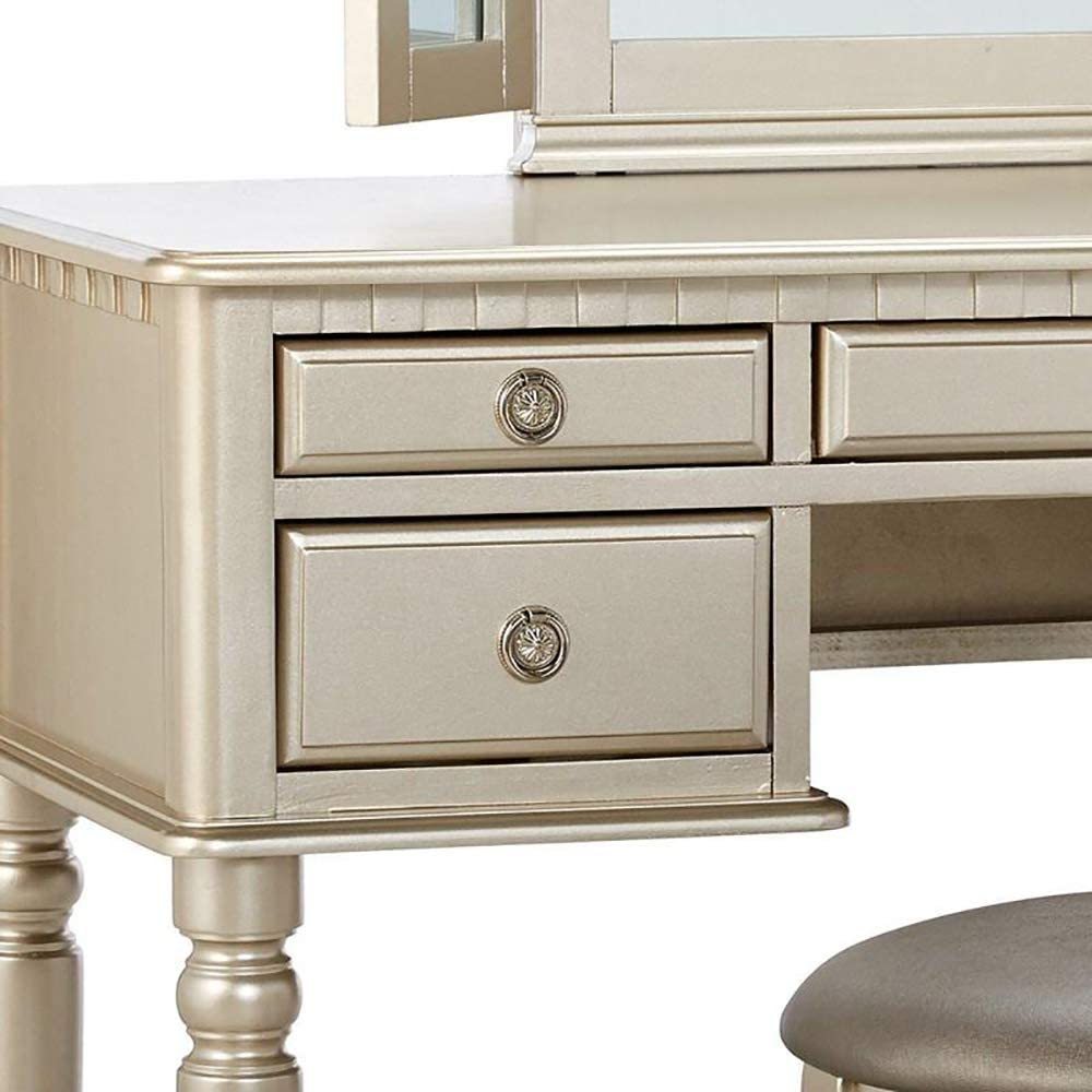 HAOYYE Bedroom Contemporary Vanity Set with Foldable Mirror, Padded Stool & Storage Drawers – Stylish Silver Color, Space-Saving Design for Small Spaces, Elegant Makeup Table for Bedroom or Dressing Room