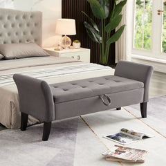 HAOYYE 51.5" Bed Bench with Storage Grey Velvet Sturdy Space-Saving Heavy Duty Modern Design Adults Dorm Room Easy Assembly Bedroom Furniture