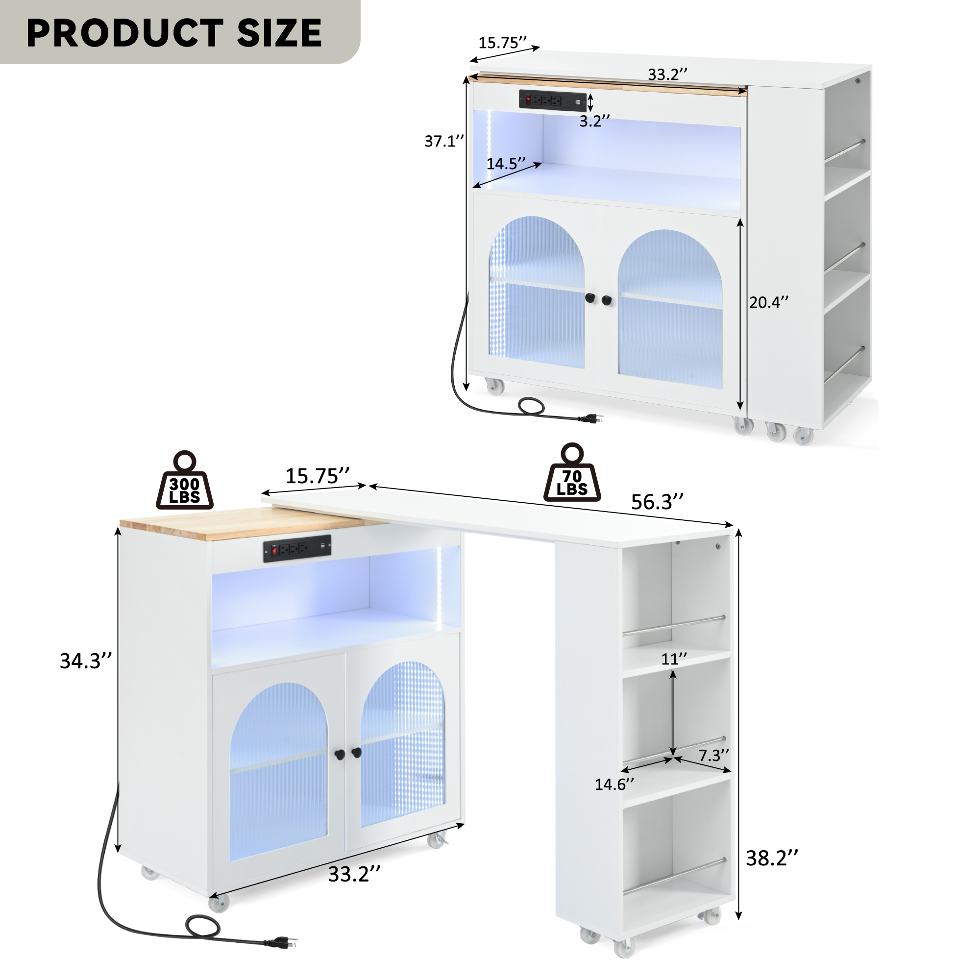 HAOYYE K&K Rolling Kitchen Island With Extended Table, Kitchen island on Wheels with LED Lights,Power Outlets and 2 Fluted Glass Doors, Kitchen Island with a Storage Compartment and Side 3 Open Shelves,White