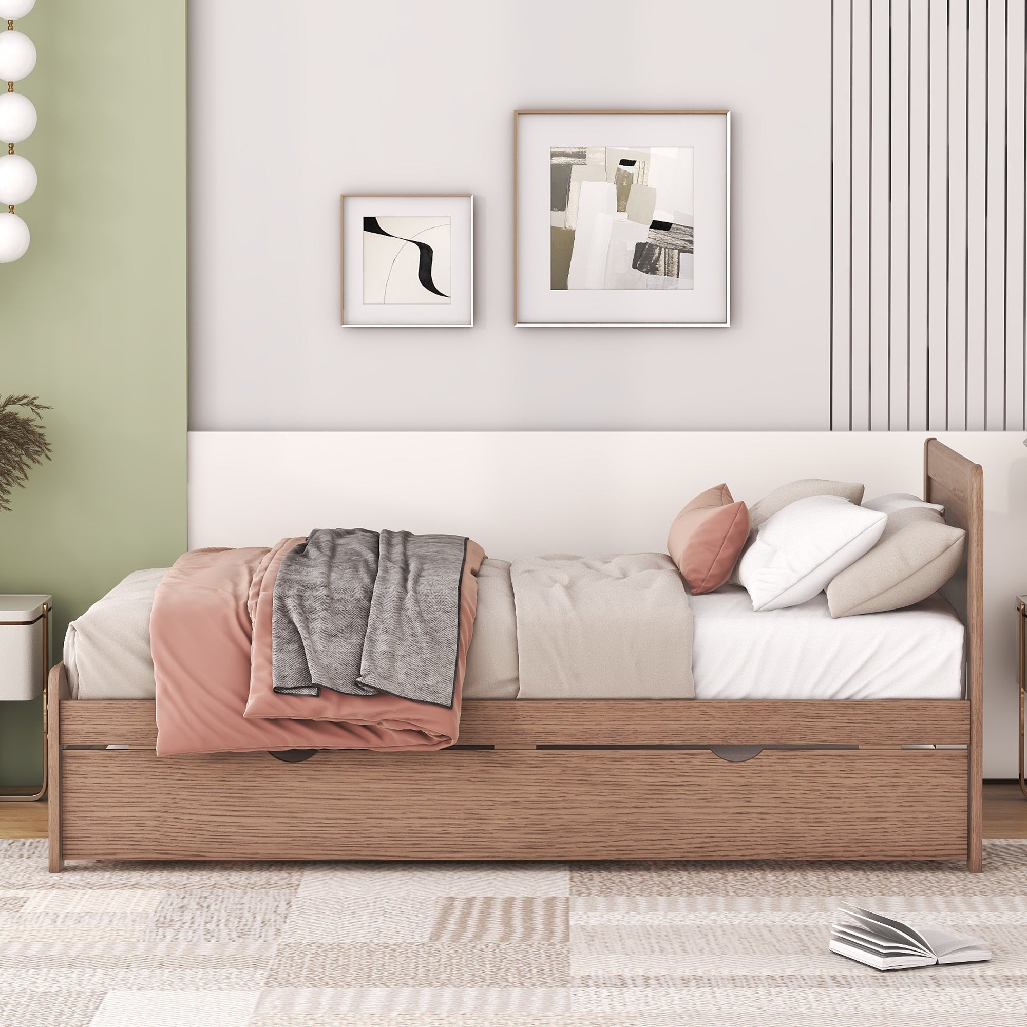 HAOYYE Modern Design Wooden Twin Size Platform Bed Frame with Trundle for Walnut Color Sturdy Space-Saving Heavy Duty Adults Dorm Room Easy Assembly Bedroom Furniture