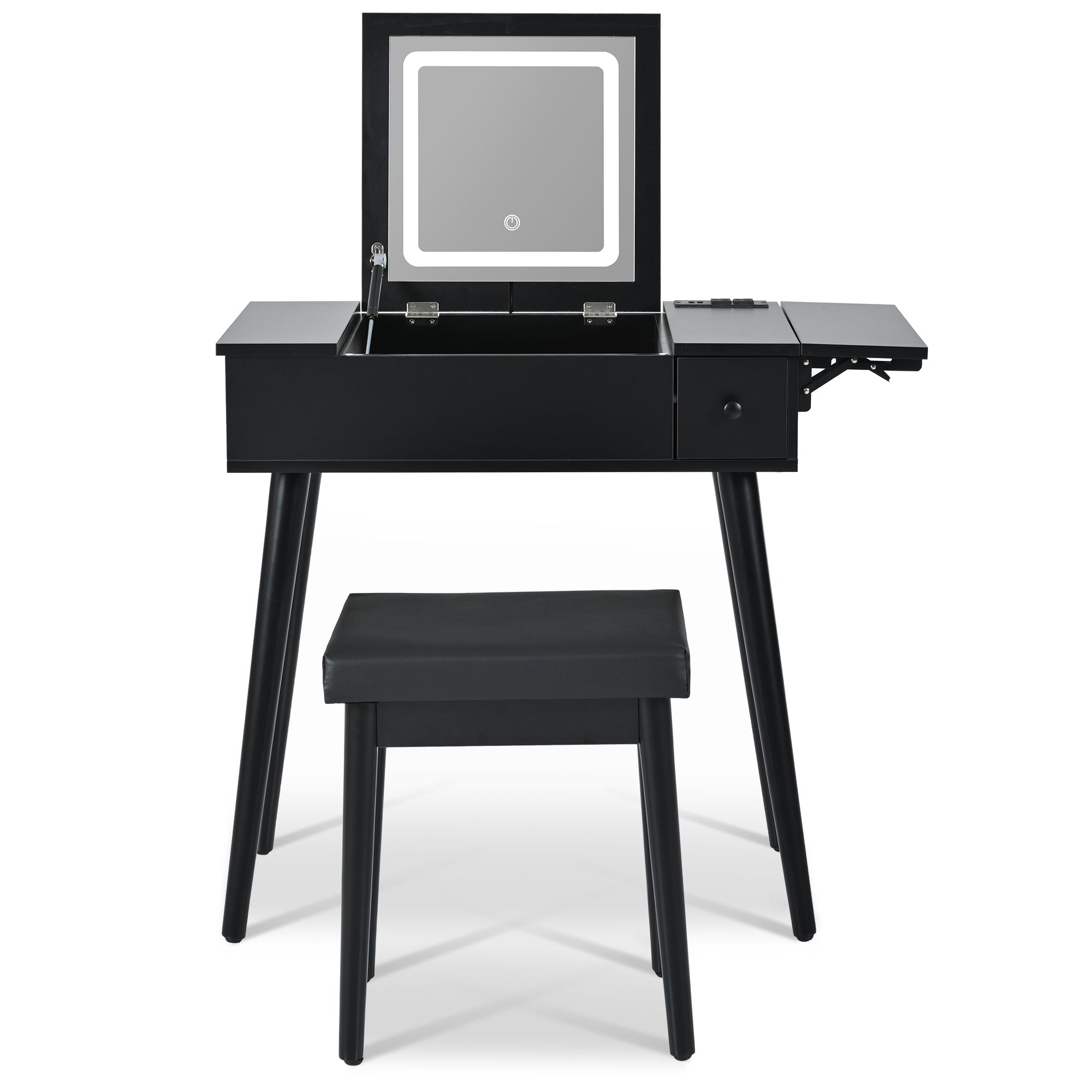 HAOYYE 27.9'' Black Makeup Vanity Desk with Flip Top Mirror and LED Light, Dressing Table with Charging Station, 2 Drawers and Fold-up Panel, Vanity Set with Cushioned Stool for Bedroom