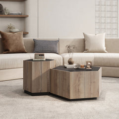HAOYYE Hexagonal Rural-Style Side Table with Drawer, Textured Black and Warm Oak, Sturdy Space-Saving Design, Heavy Duty Construction, Modern Rustic Furniture for Living Room, Bedroom, or Corner Spaces