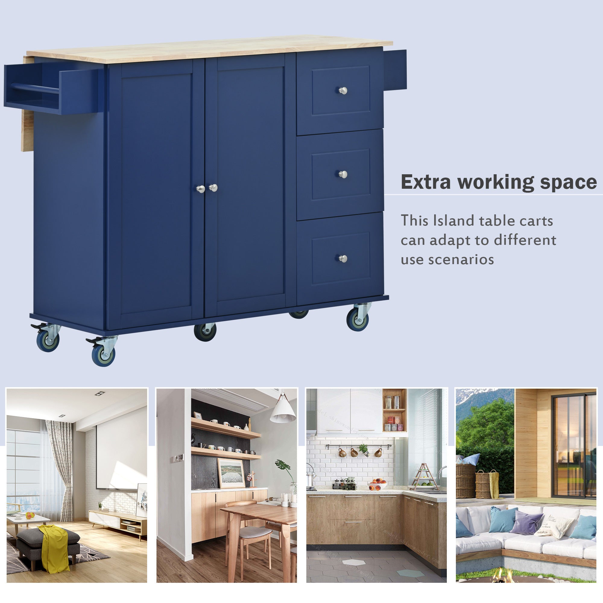 HAOYYE Rolling Mobile Kitchen Island with Drop Leaf - Solid Wood Top, Locking Wheels & Storage Cabinet 52.7 Inch Width(Dark blue) Sturdy Space-Saving Heavy Duty Modern Design Adults Dorm Room