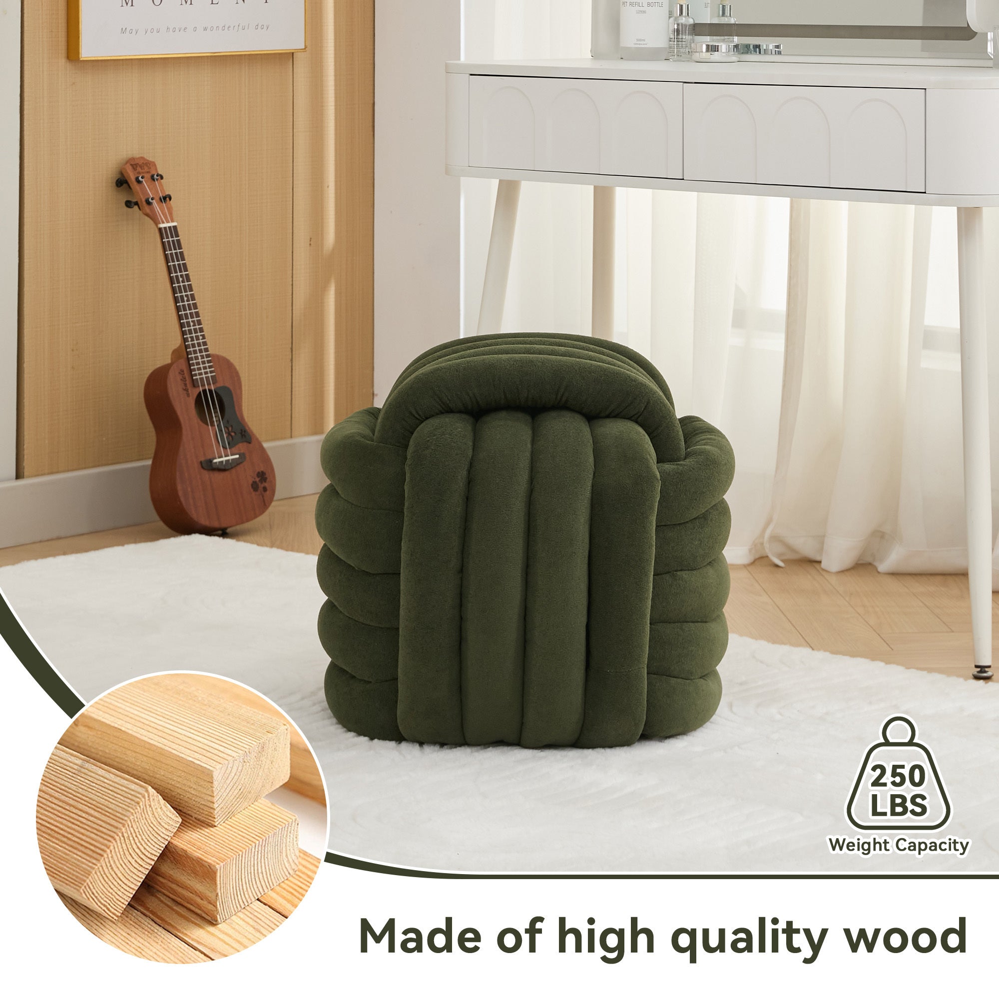 Haoyye Modern Chenille Fabric Knot Design Ottoman Makeup Stool Footstool, Comfortable and Stylish Seat, Perfect for Living Room and Bedroom, Space-Saving Heavy Duty Construction, Durable Furniture for Adults Dorm Room