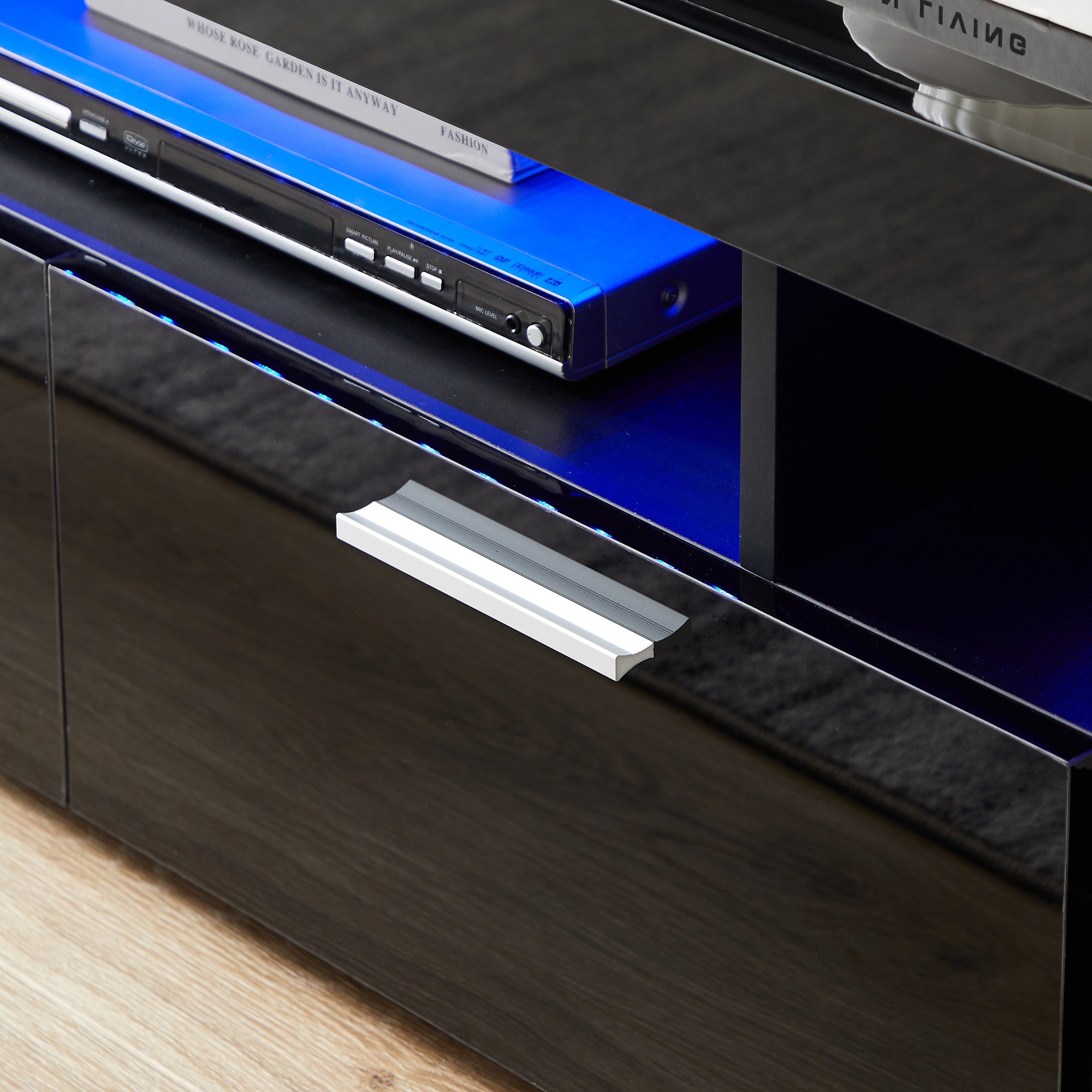 HAOYYE FashionTVstandTVcabinet,EntertainmentCenter,TVstationTV console,media console,with LEDlight belt,light belt remote control,toughenedglassshelf,metal handle,Canbeplaced in the living room,bedroom,black