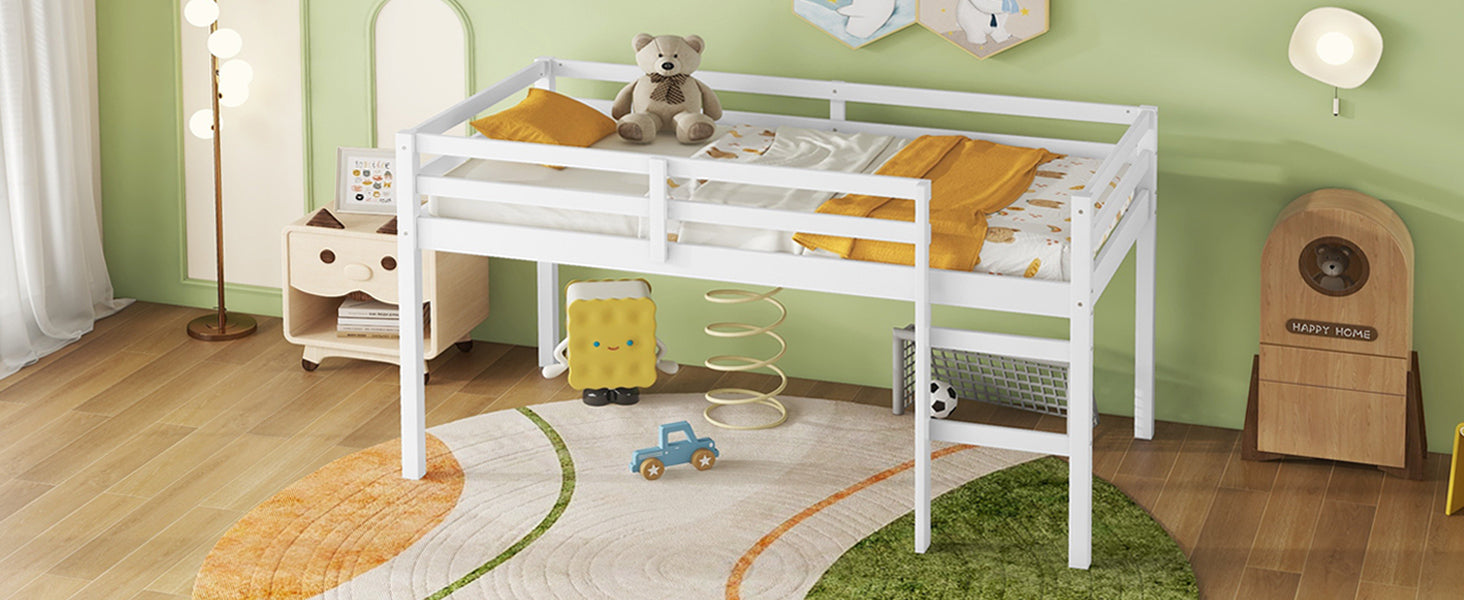HAOYYE Solid Wooden, Rubber Wooden Twin Loft Bed with Ladder, Bed Platform of Strengthened Slats , White Sturdy Space-Saving Heavy Duty Modern Design Adults Dorm Room Easy Assembly Bedroom Furniture
