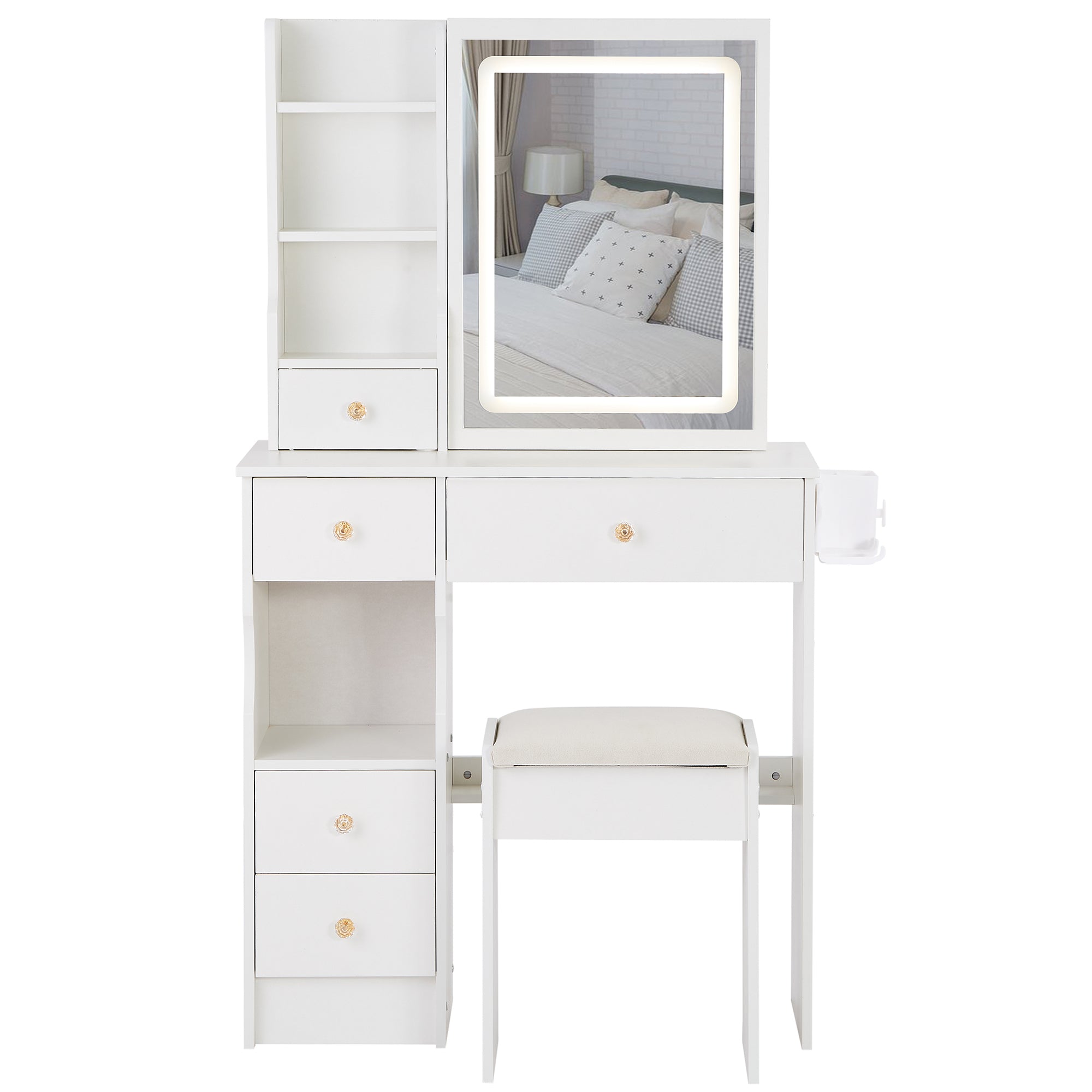 HAOYYE Compact Vanity Table With Left Drawer, Cushioned Stool, Touch-Control Sliding LED Mirror With Tri-Color Switching, Built-In Power Station, Hair Dryer Bracket, Certified By EPA, GCC, And UL