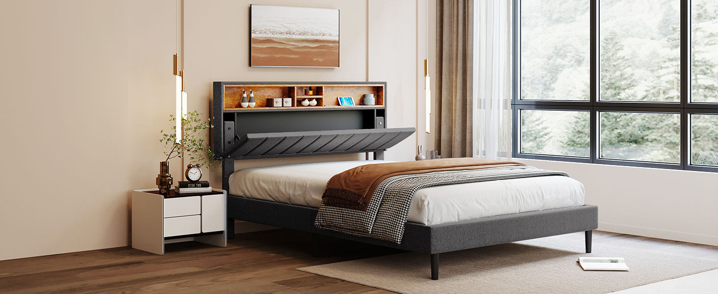 HAOYYE Queen Size Upholstered Platform Bed with Storage Headboard and USB Port, Linen Fabric Upholstered Bed (Gray) Sturdy Space-Saving Heavy Duty Modern Design Adults Dorm Room Easy Assembly