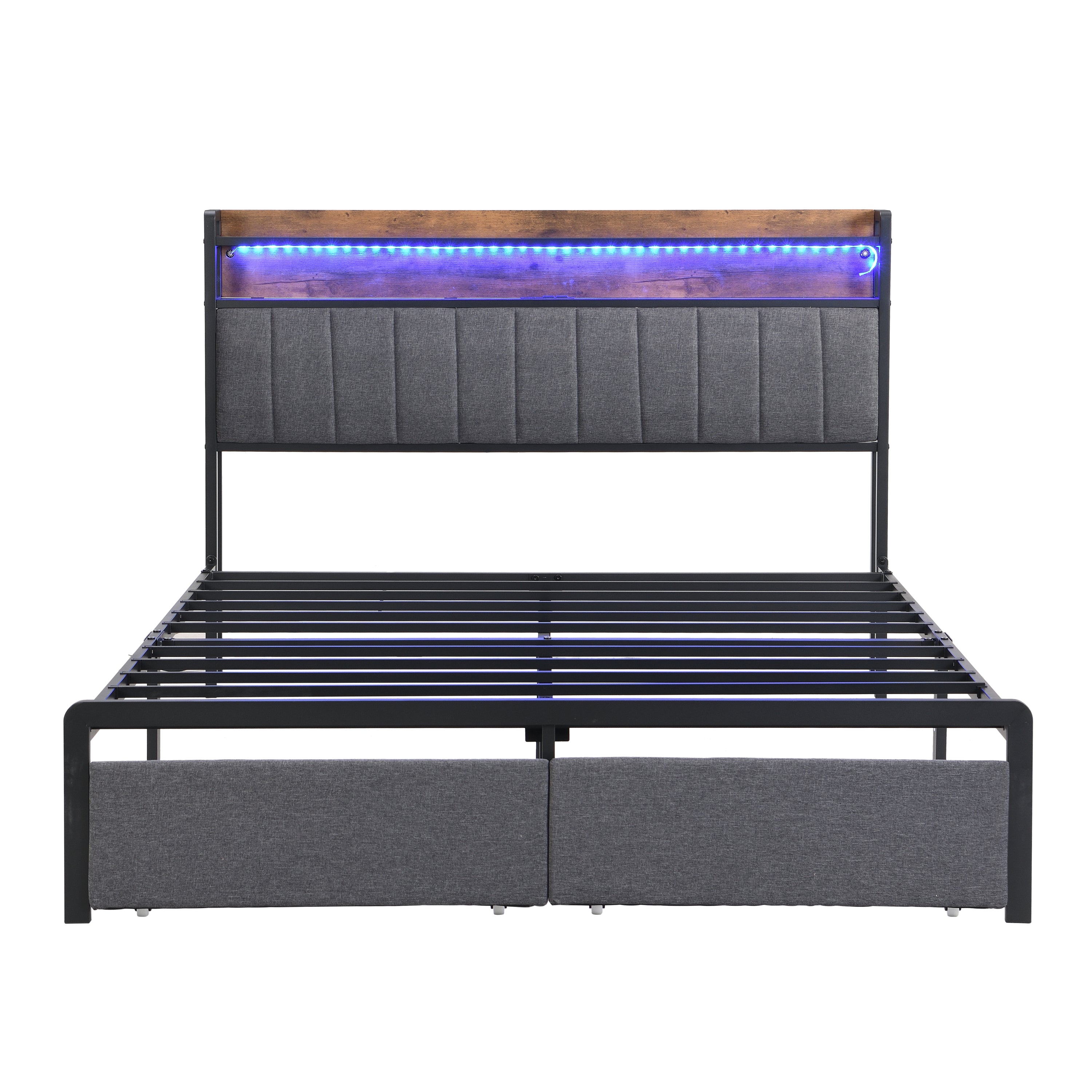 HAOYYE Queen Bed Frame with Storage Headboard and Drawers, LED Upholstered Platform Bed Frame with Built-in Charging Station, No Box Spring Needed, Easy Assembly, Sturdy and Space-Saving Design in Grey for Adults