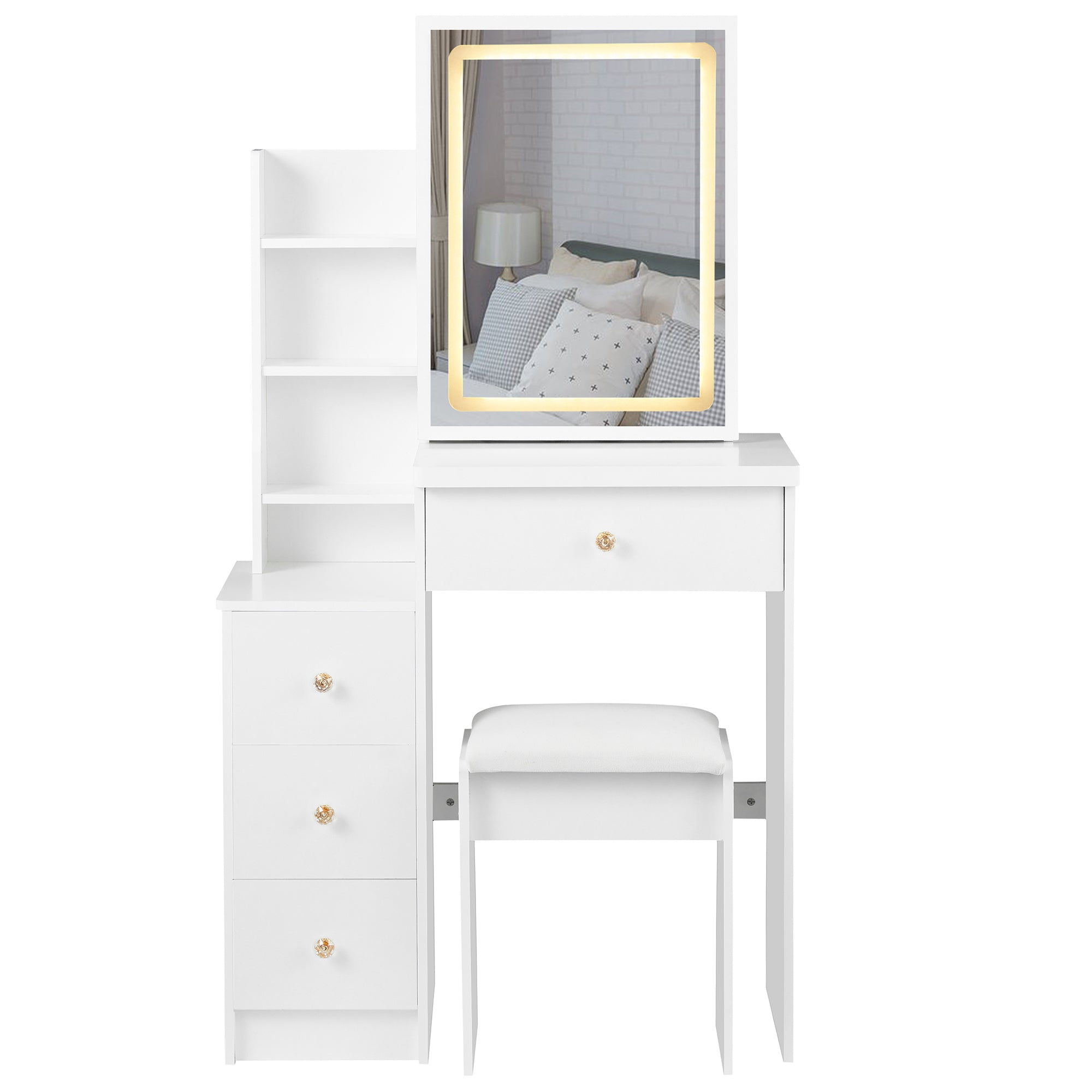 HAOYYE Small Size Left Bedside Cabinet Vanity Table + Cushioned Stool, Touch Control Sliding LED Mirror, Tri-color Switching, Brightness Adjust, Multi Layer, Suitable for Small Space, EPA,GCC,UL Certificate