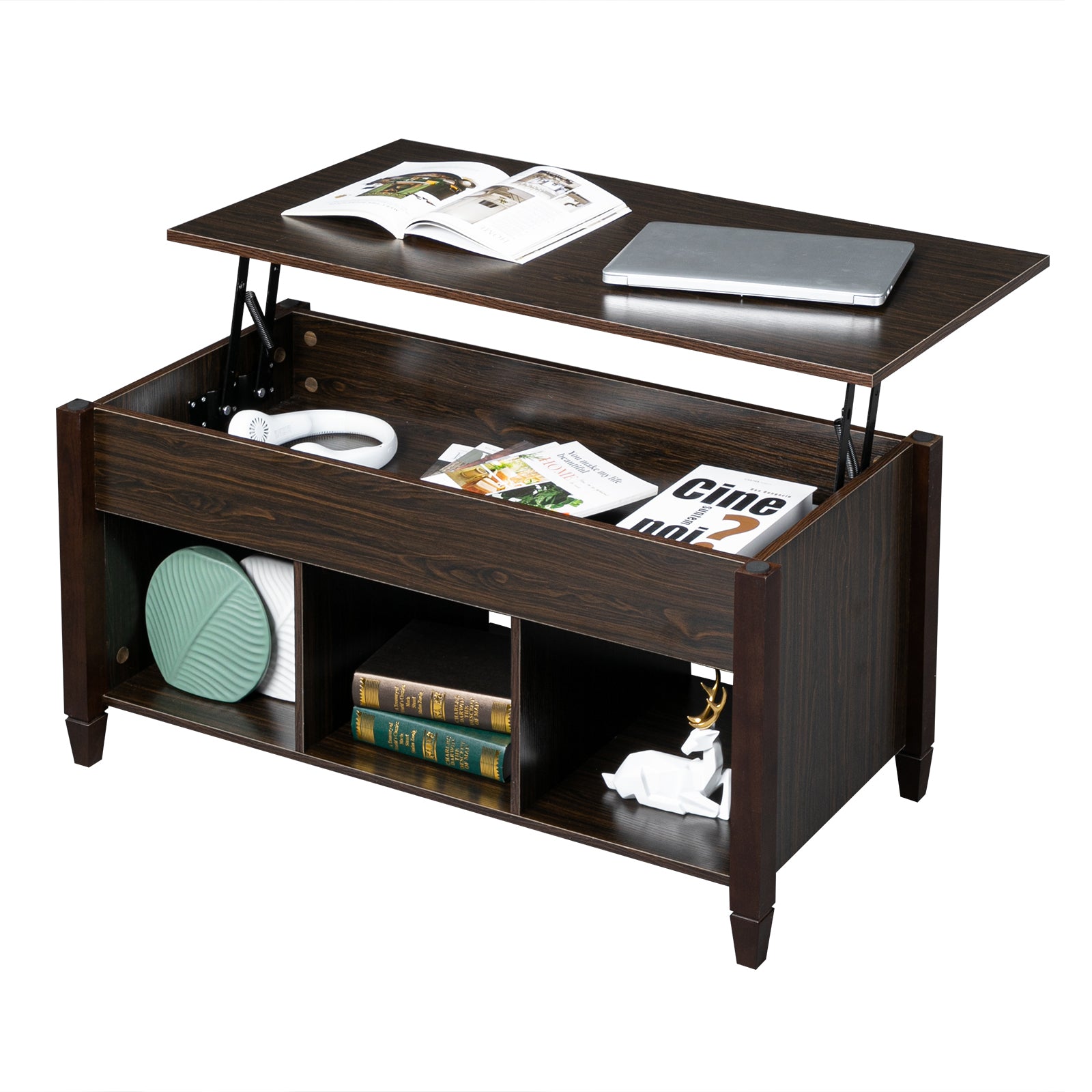HAOYYE Lift Top Coffee Table Modern Furniture Hidden Compartment with 3 Storage Cabinets and Solid Wood Legs for Living Room Office