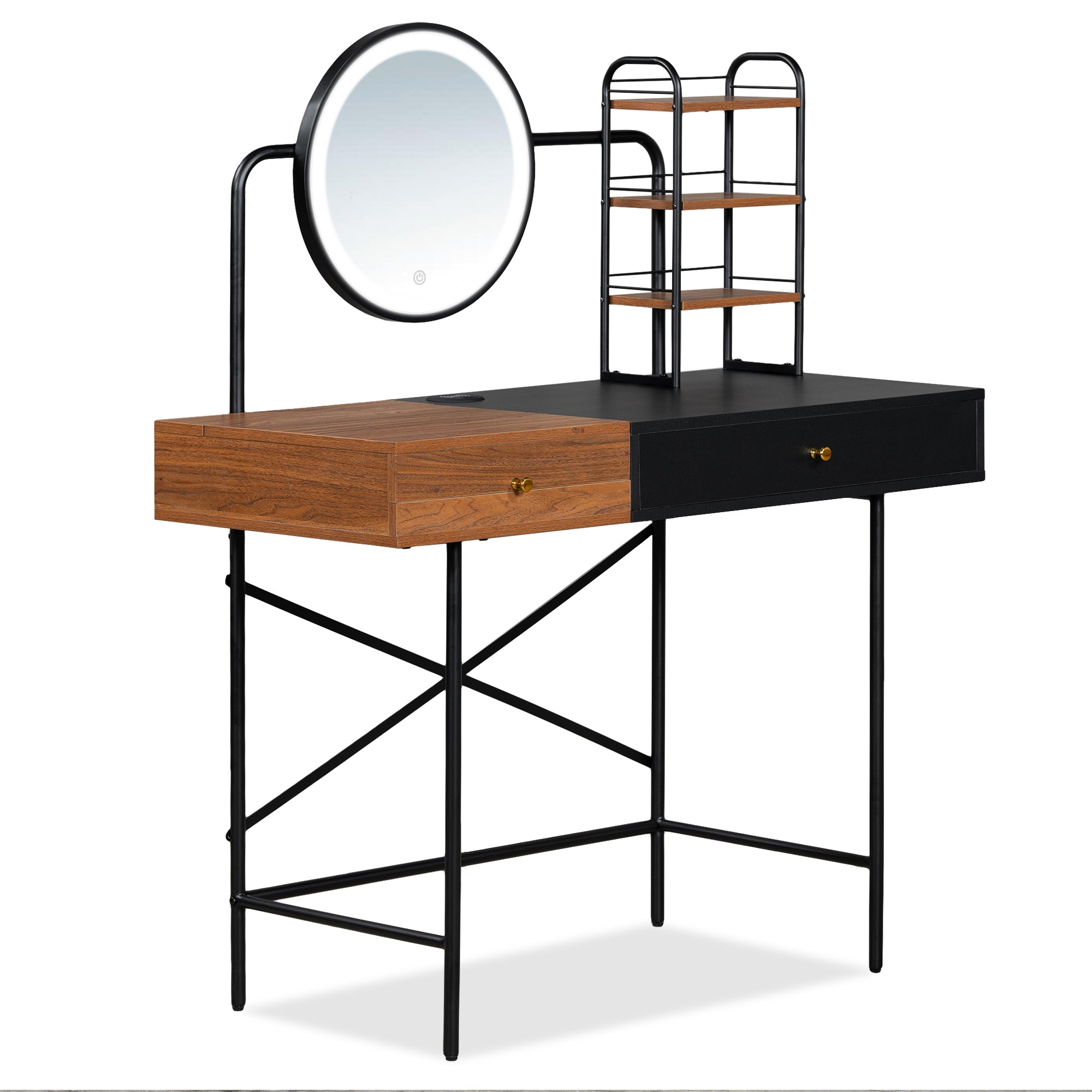 HAOYYE GO 40" Makeup Vanity Desk with 3-Mode Lighted Mirror & Wireless Charging Station , Vanity Table with Drawer & 3 Open Shelves for Ample Storage Space, Dressing Table for Bedroom, Black