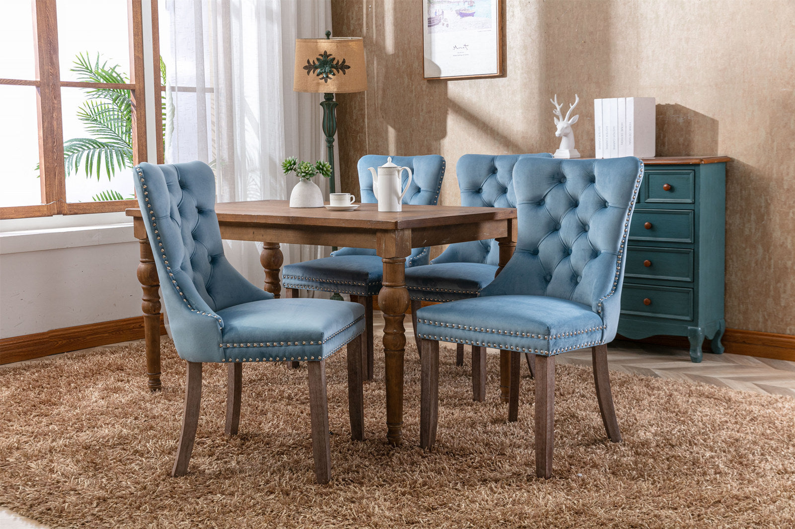 HAOYYE High-end Tufted Solid Wood Contemporary Velvet Upholstered Dining Chair with Wood Legs Nailhead Trim 2-Pcs Set,Light Blue, SW2001LB Sturdy Space-Saving Heavy Duty Durable