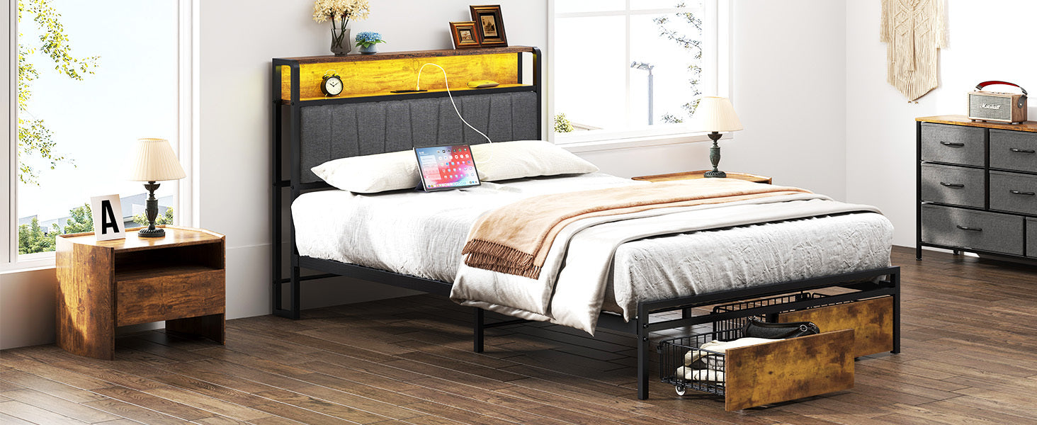 HAOYYE Twin Size Upholstered Platform Bed Frame with Storage Drawers, USB Ports, LED Lights, and Wingback Headboard, Rustic Brown, Sturdy Space-Saving Design, Heavy Duty Construction, Modern Stylish Home Furniture