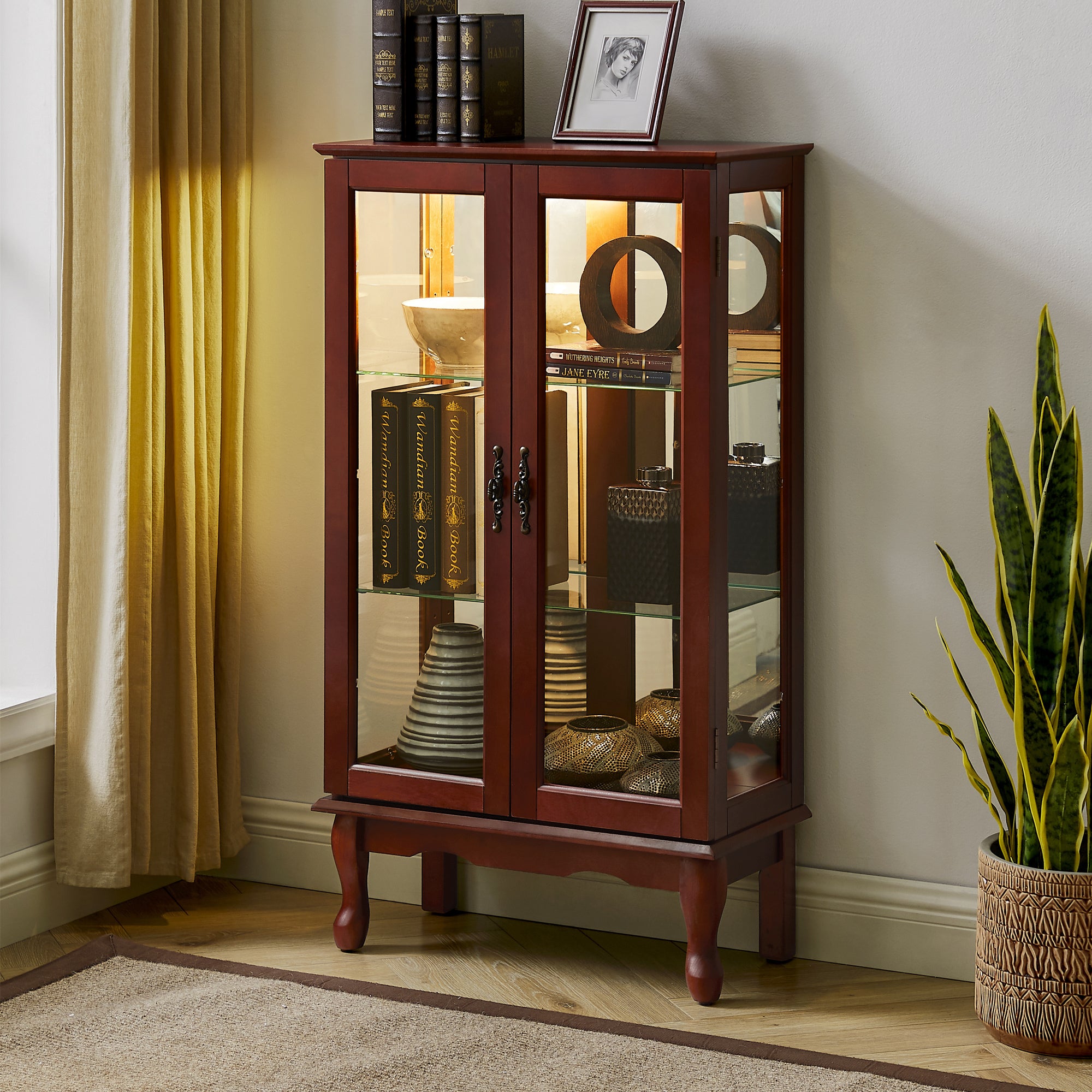 HAOYYE Curio Cabinet Lighted Curio Diapaly Cabinet with Adjustable Shelves and Mirrored Back Panel, Tempered Glass Doors (Cherry, 3 Tier), (E26 light bulb not included) Sturdy Space-Saving Heavy Duty