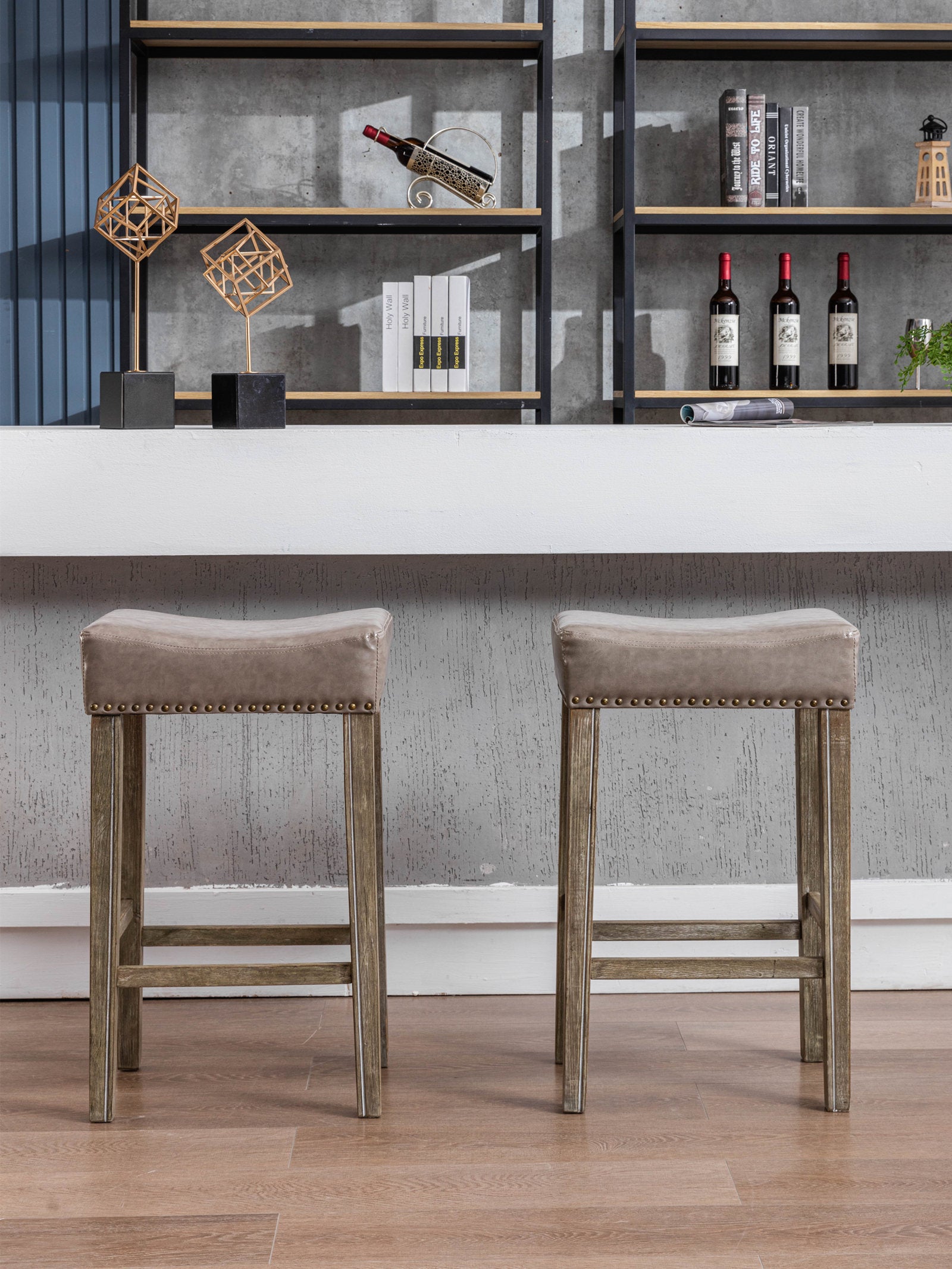 Haoyye Counter Height Bar Stools, Set of 2 Backless Faux Leather Farmhouse Island Chairs for Kitchen or Dining Area, Modern Space-Saving Sturdy Design for Breakfast Bar, Pub, Cafe or Home Use, Comfortable and Easy to Assemble Seating