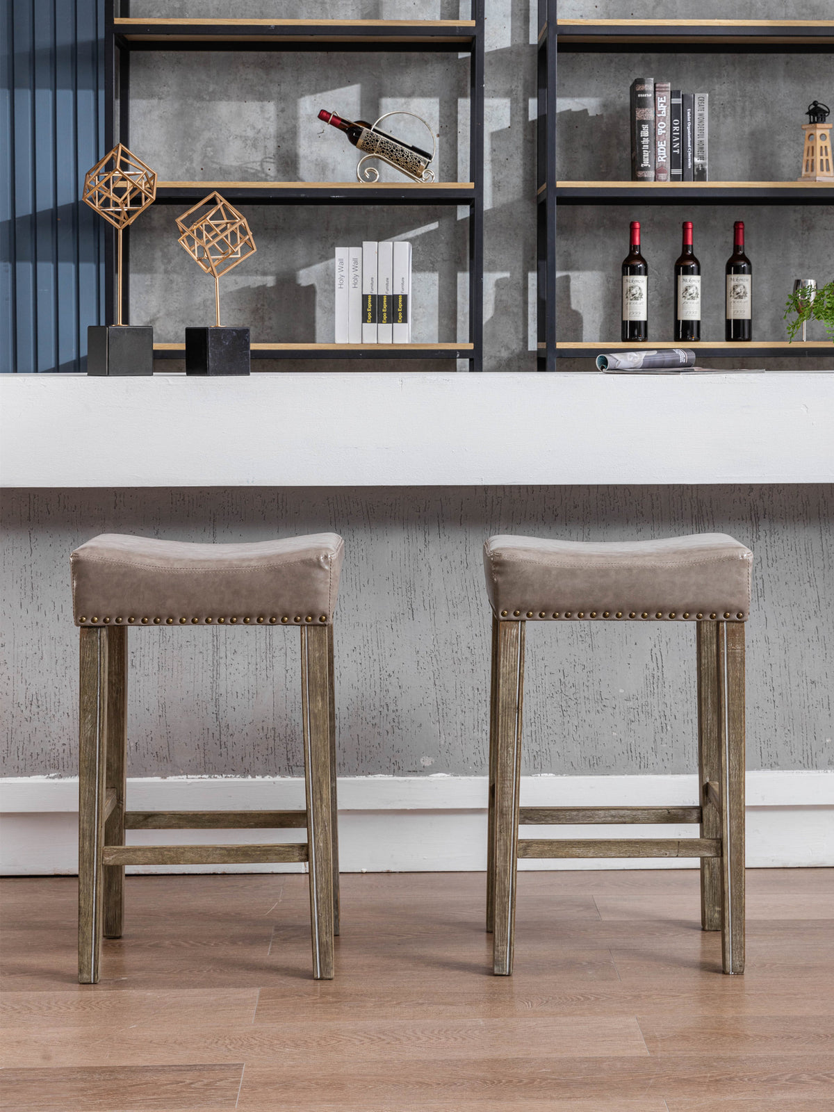 Haoyye Counter Height Bar Stools, Set of 2 Backless Faux Leather Farmhouse Island Chairs for Kitchen or Dining Area, Modern Space-Saving Sturdy Design for Breakfast Bar, Pub, Cafe or Home Use, Comfortable and Easy to Assemble Seating
