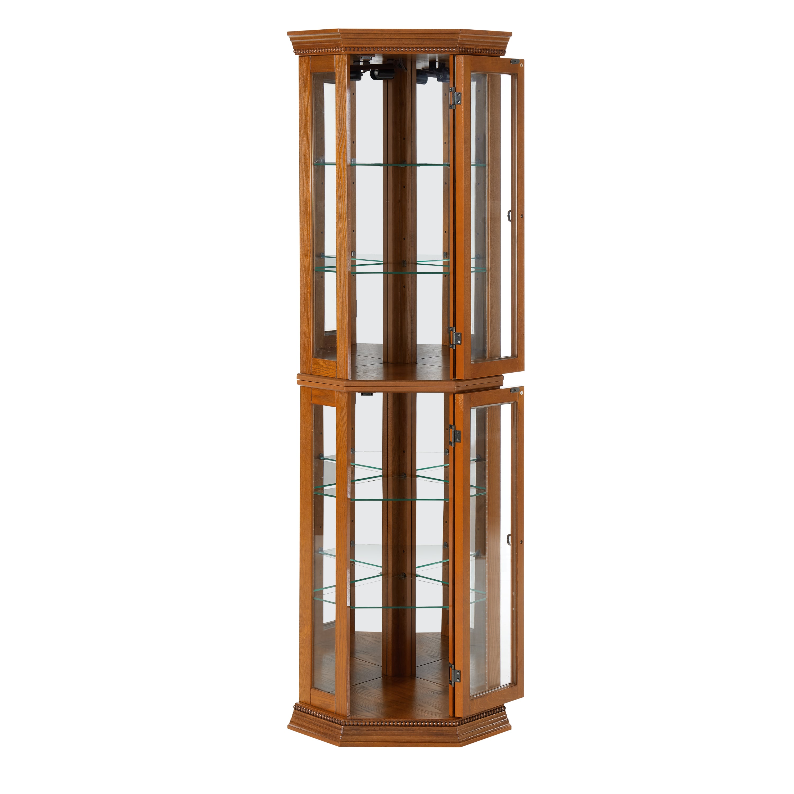 HAOYYE Corner Curio Cabinet with Lights, Adjustable Tempered Glass Shelves, Mirrored Back, Display Cabinet,Oak (E26 light bulb not included) Sturdy Space-Saving Heavy Duty Modern Design Adults Dorm Room