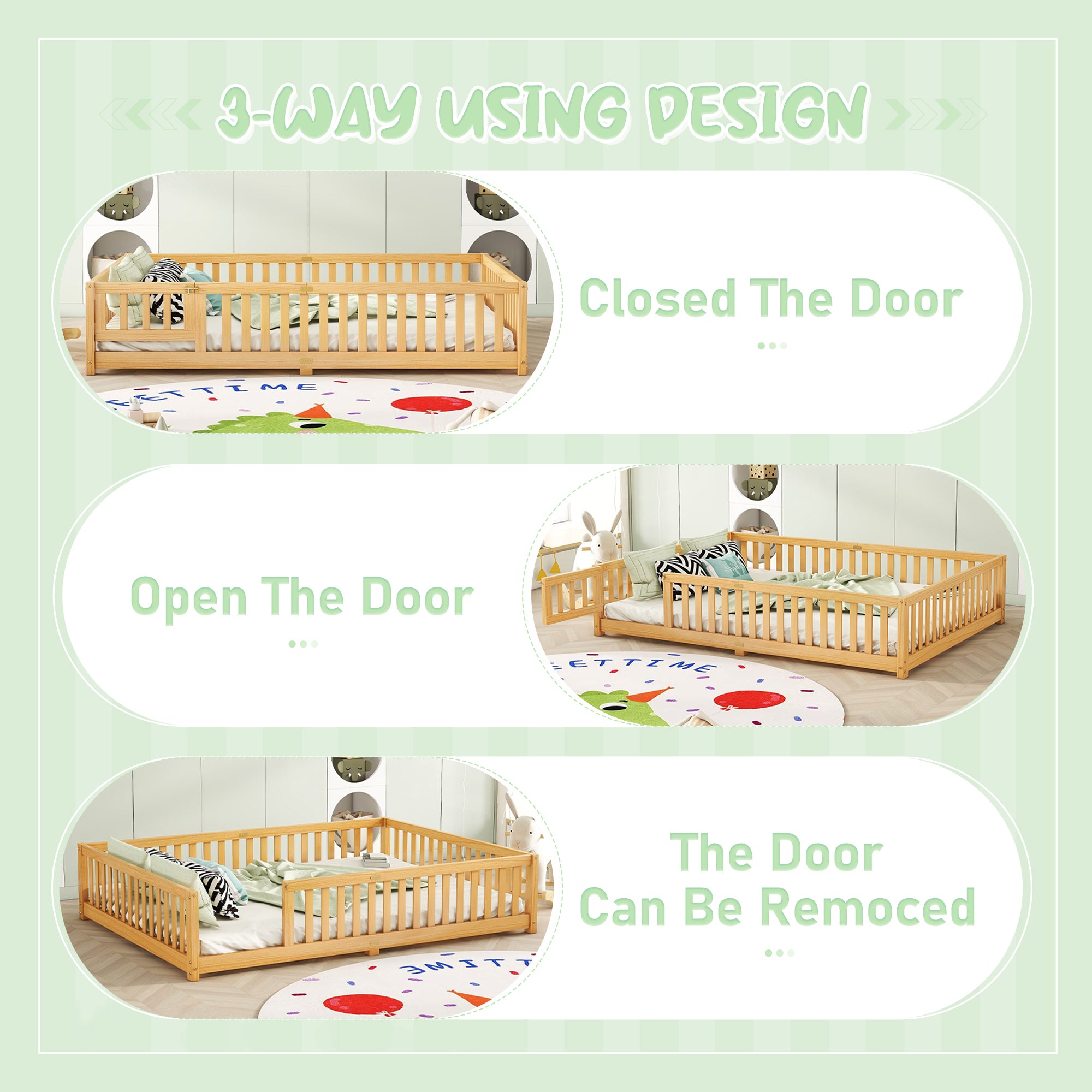 HAOYYE Queen Size Bed Floor Bed with Safety Guardrails and Door for , Natural(Expect Arrival Date 2024.7.26), Old SKU W158090701 Sturdy Space-Saving Heavy Duty Modern Design Adults Dorm Room