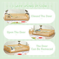 HAOYYE Queen Size Bed Floor Bed with Safety Guardrails and Door for , Natural(Expect Arrival Date 2024.7.26), Old SKU W158090701 Sturdy Space-Saving Heavy Duty Modern Design Adults Dorm Room