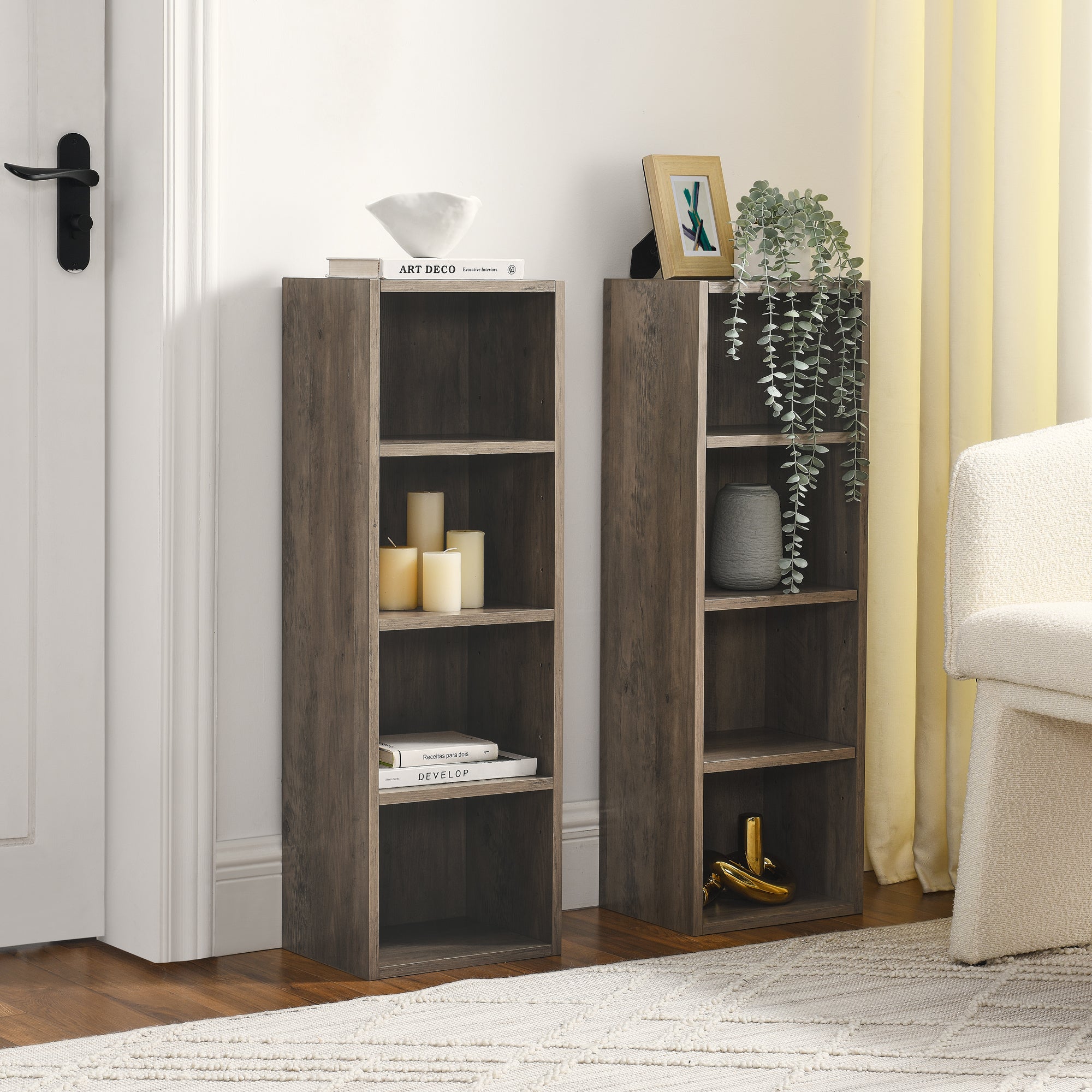 HAOYYE 8-Tier Media Tower Rack, CD DVD Slim Storage Cabinet with Adjustable Shelves, Tall Narrow Bookcase Display Bookshelf for Home Office,Multi-functional double-decker bookcase Sturdy Space-Saving
