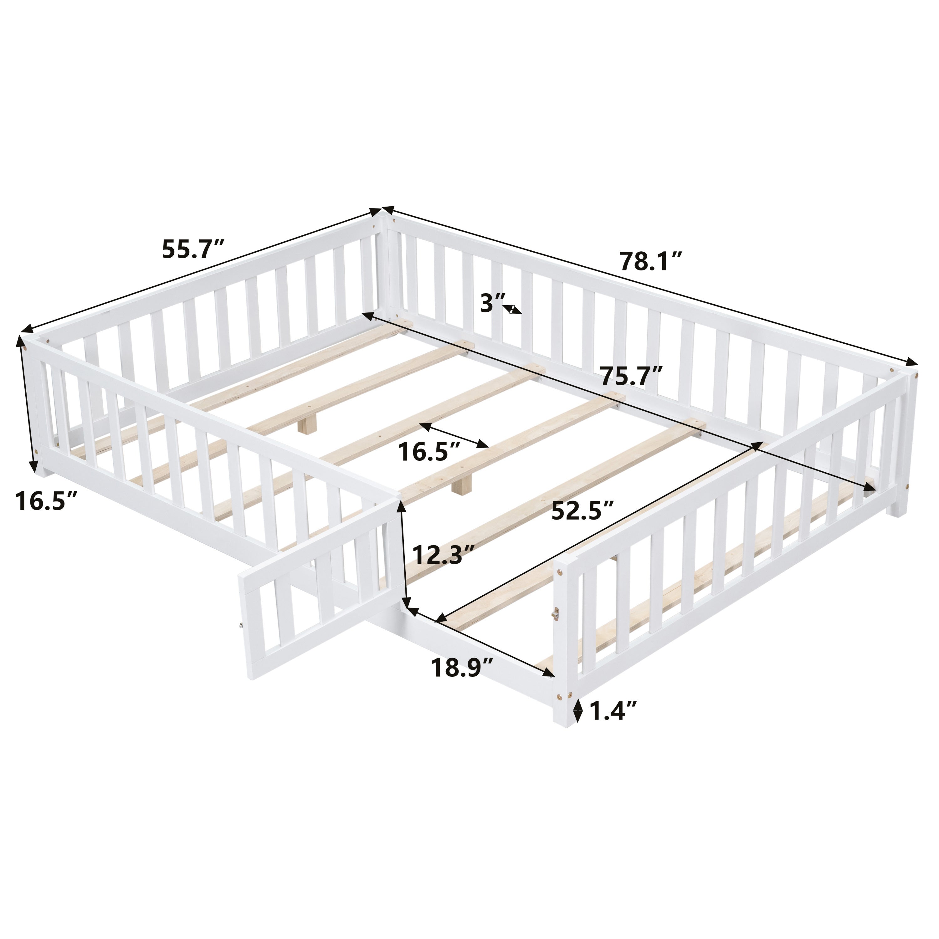 HAOYYE Full Size Floor Platform Bed with Fence and Door for , Montessori Floor Bed Frame with Support Slats for Toddlers, Wooden Floor Bed White Sturdy Space-Saving Heavy Duty Modern Design Adults