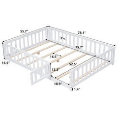 HAOYYE Full Size Floor Platform Bed with Fence and Door for , Montessori Floor Bed Frame with Support Slats for Toddlers, Wooden Floor Bed White Sturdy Space-Saving Heavy Duty Modern Design Adults
