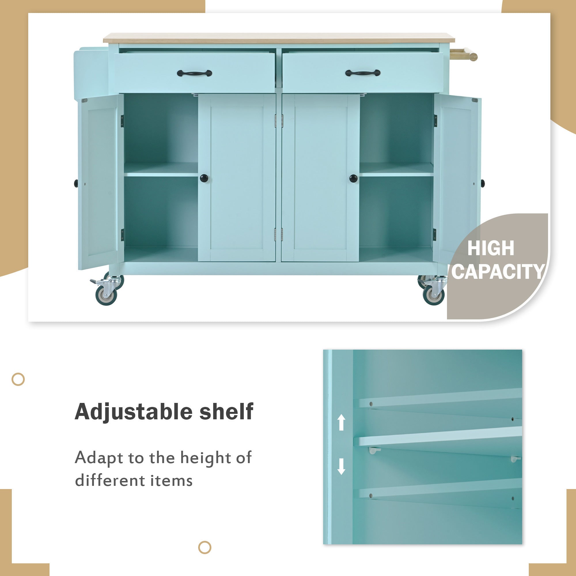 HAOYYE Kitchen Island Cart, Mint Green, with Solid Wood Top, 4-Door Cabinet, 2 Drawers, Adjustable Shelves, Spice Rack, Towel Bar, and 2 Locking Wheels. Modern, Space-Saving, Sturdy Heavy Duty Design for Easy Assembly and Versatile Use